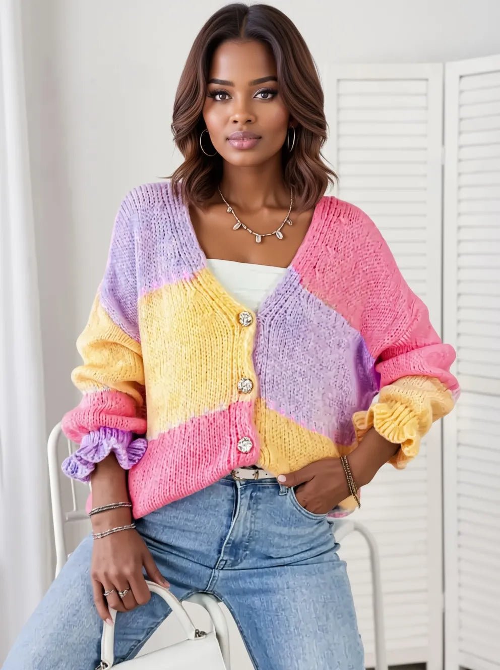 Color Block V - Neck Cardigan - MAD RUFFI