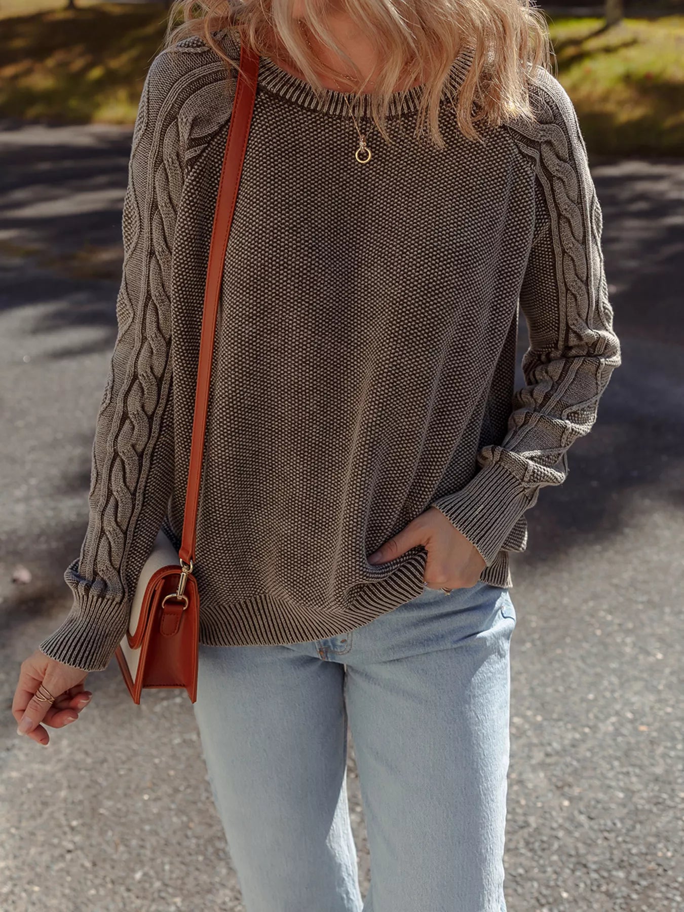 Contrast Cable Knit Sleeve Casual Sweater - MAD RUFFI