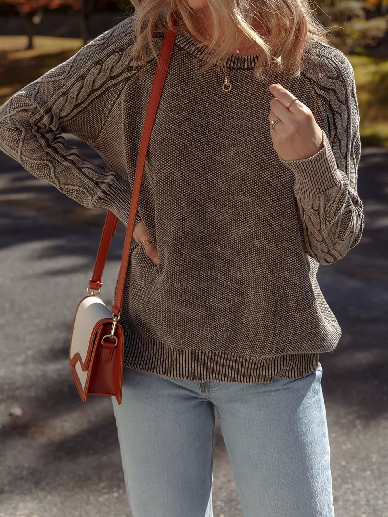 Contrast Cable Knit Sleeve Casual Sweater - MAD RUFFI