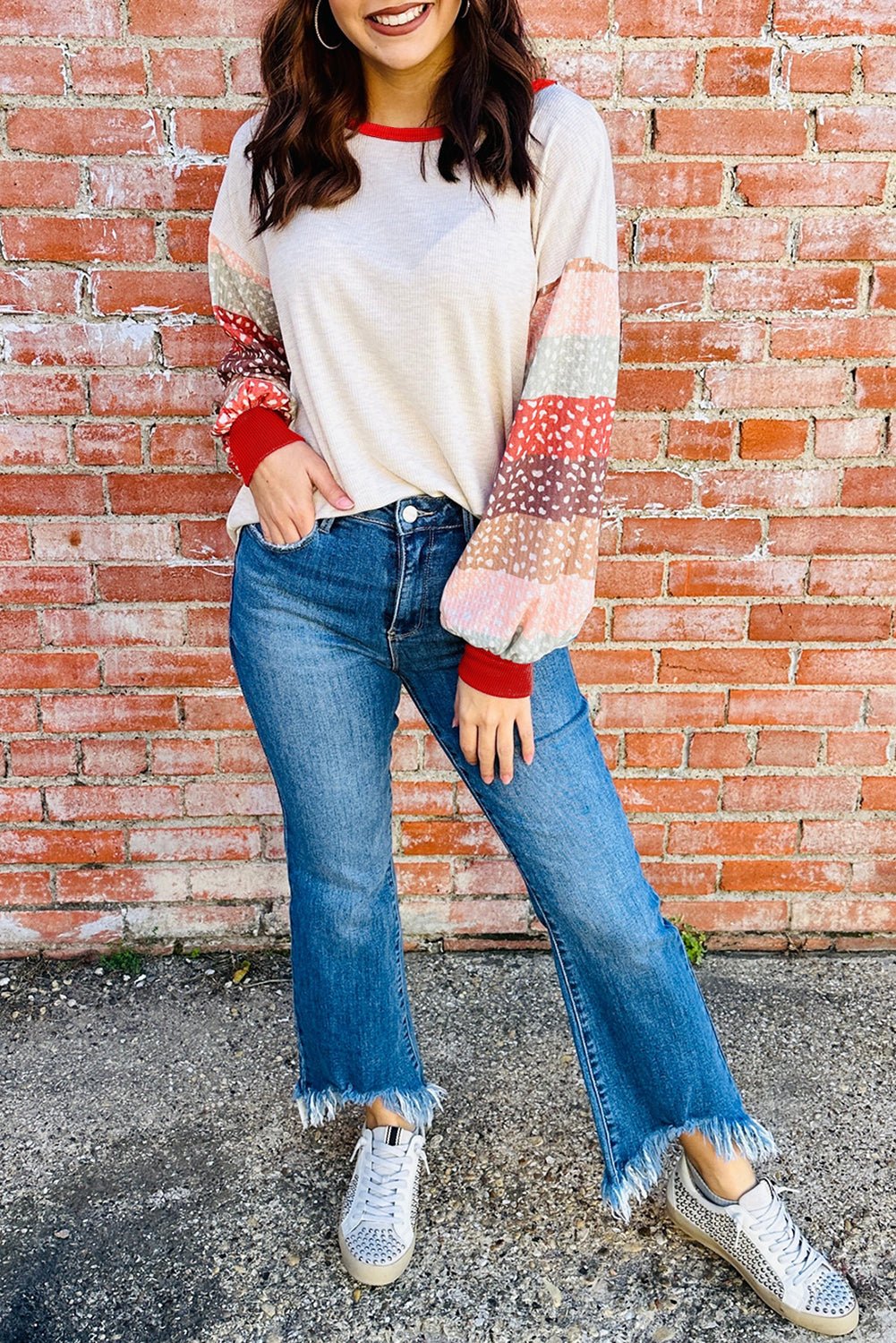 Contrast Leopard Color Block Sleeve Loose Pullover - MAD RUFFI