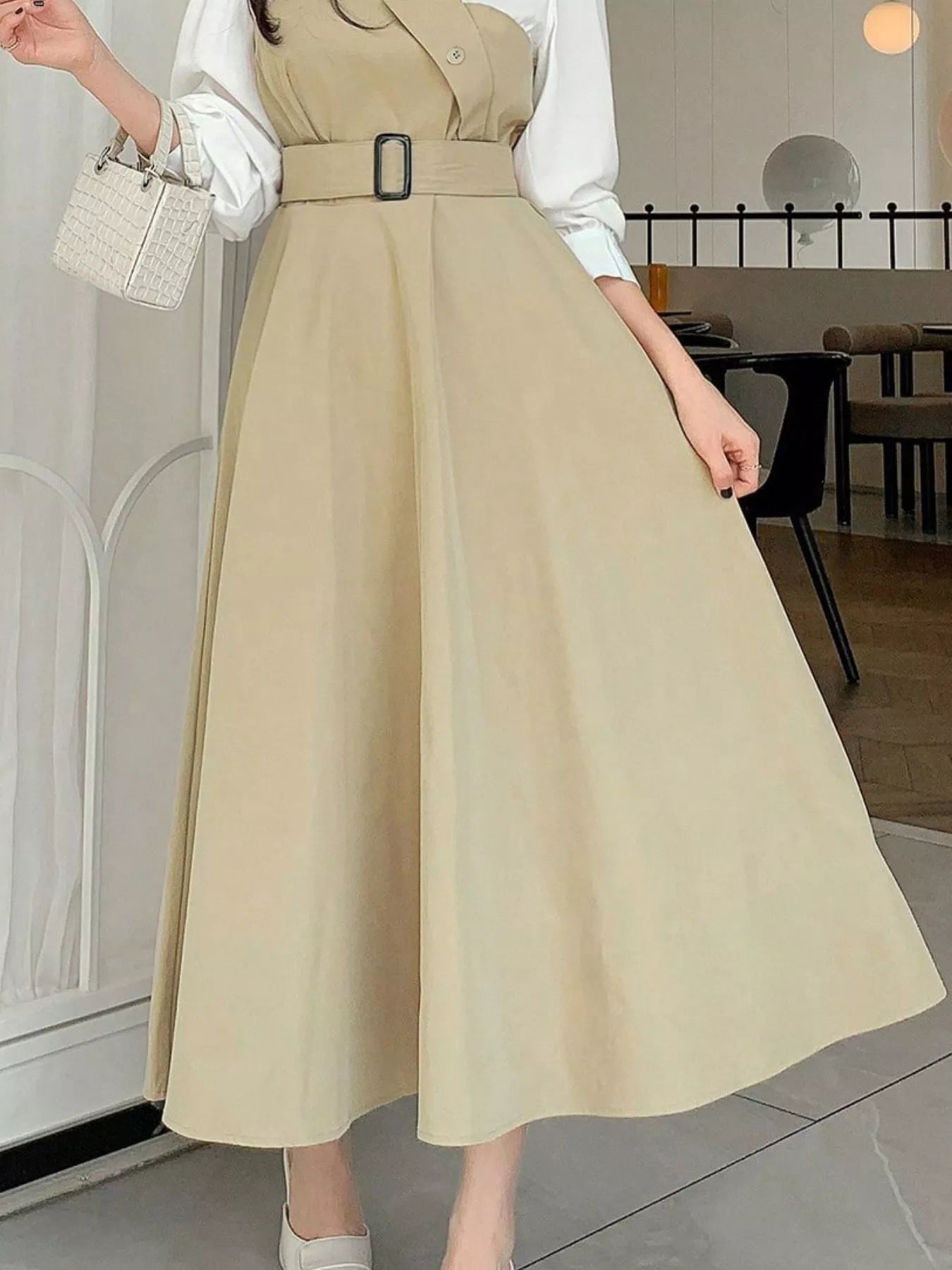 Contrast Long Sleeve Midi Dress with Belted - MAD RUFFI