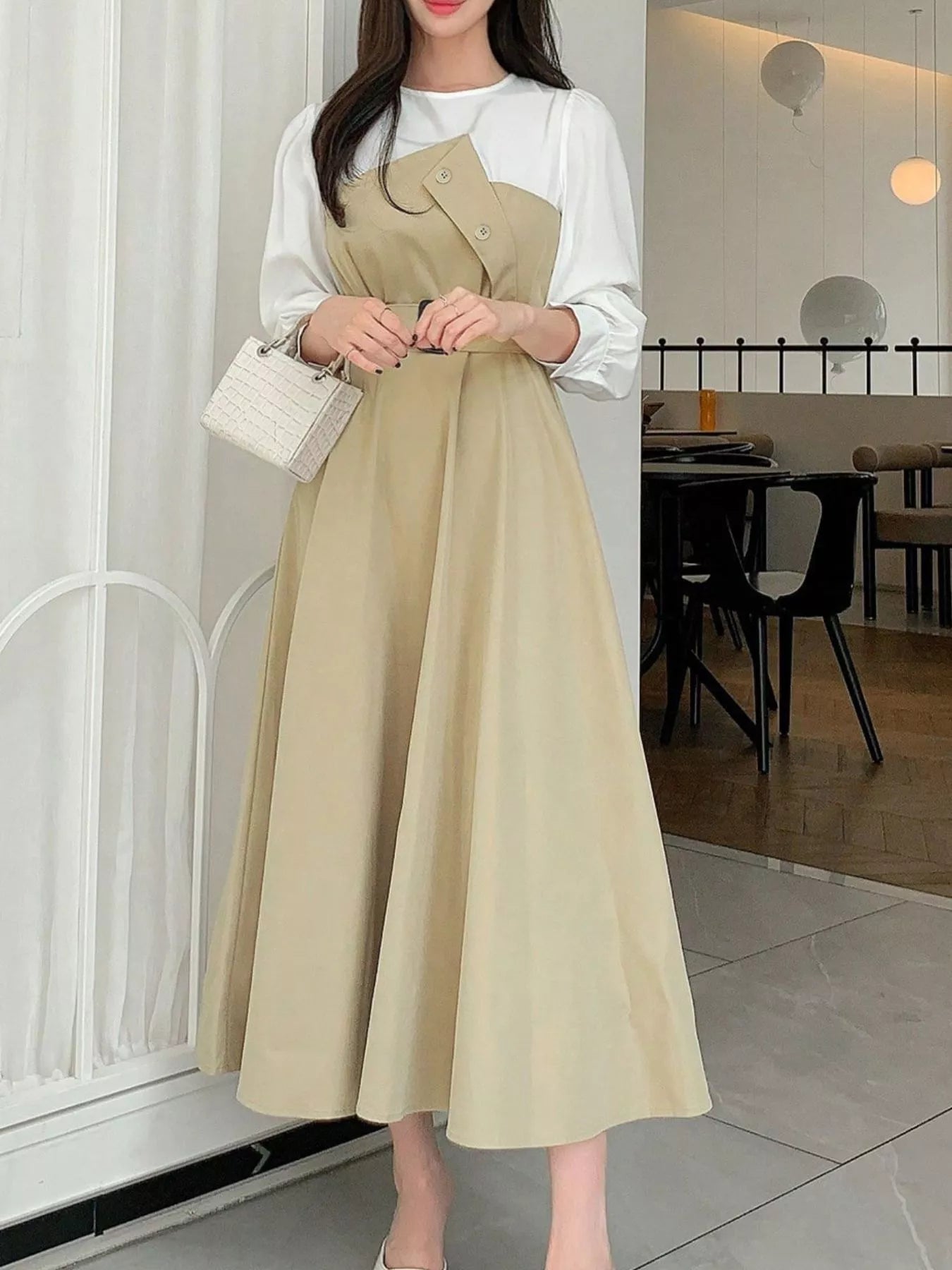 Contrast Long Sleeve Midi Dress with Belted - MAD RUFFI
