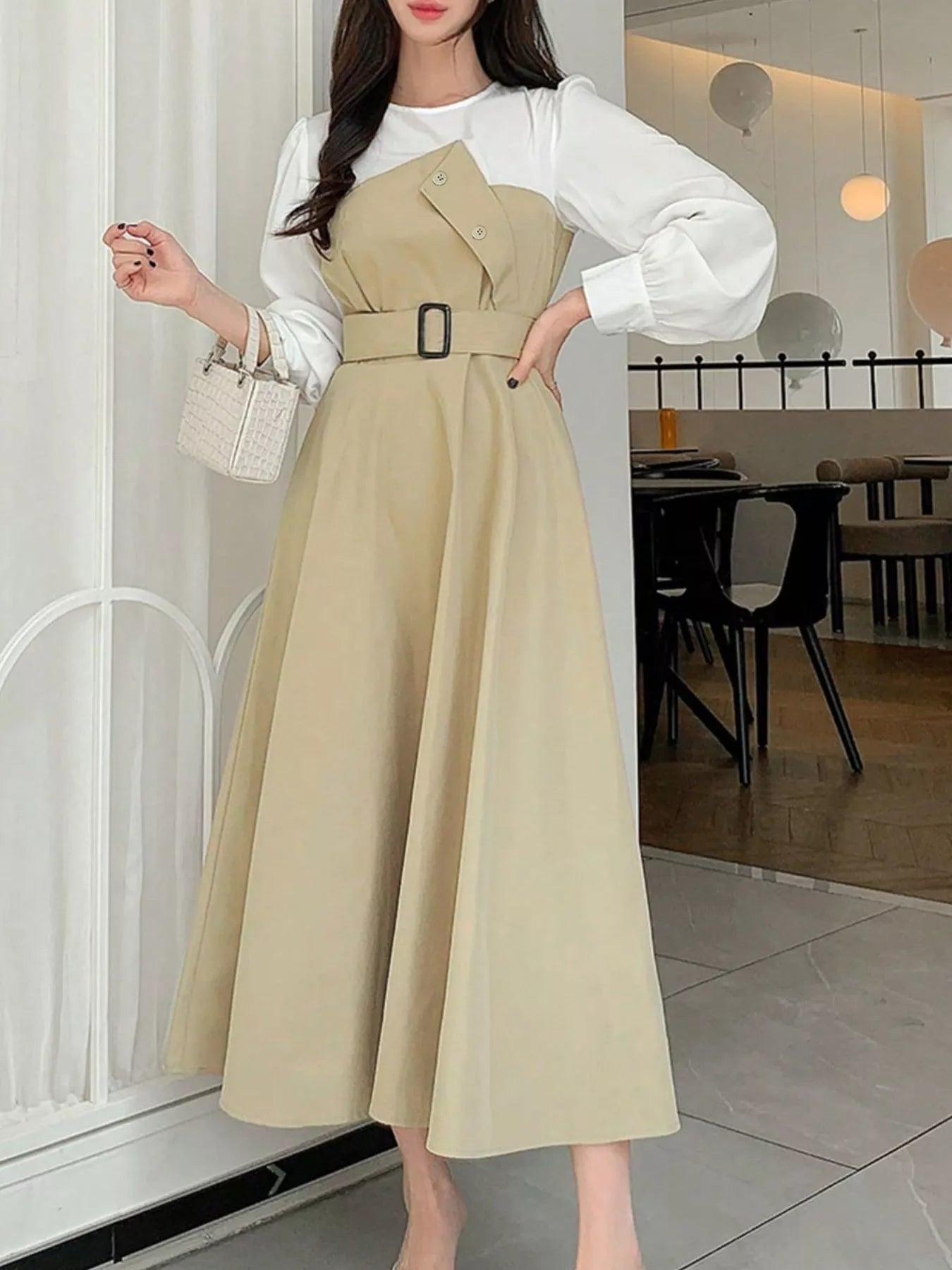 Contrast Long Sleeve Midi Dress with Belted - MAD RUFFI