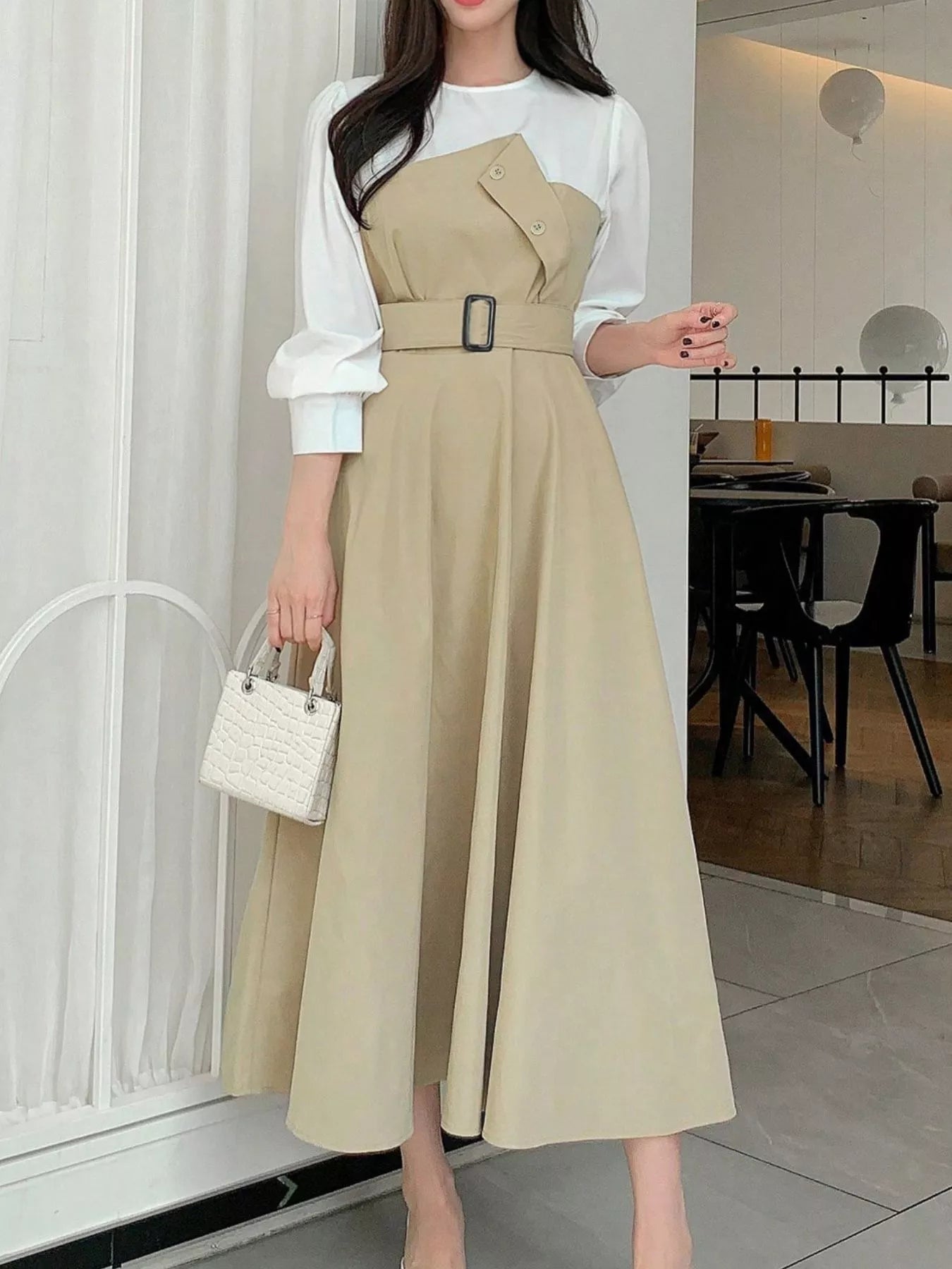Contrast Long Sleeve Midi Dress with Belted - MAD RUFFI