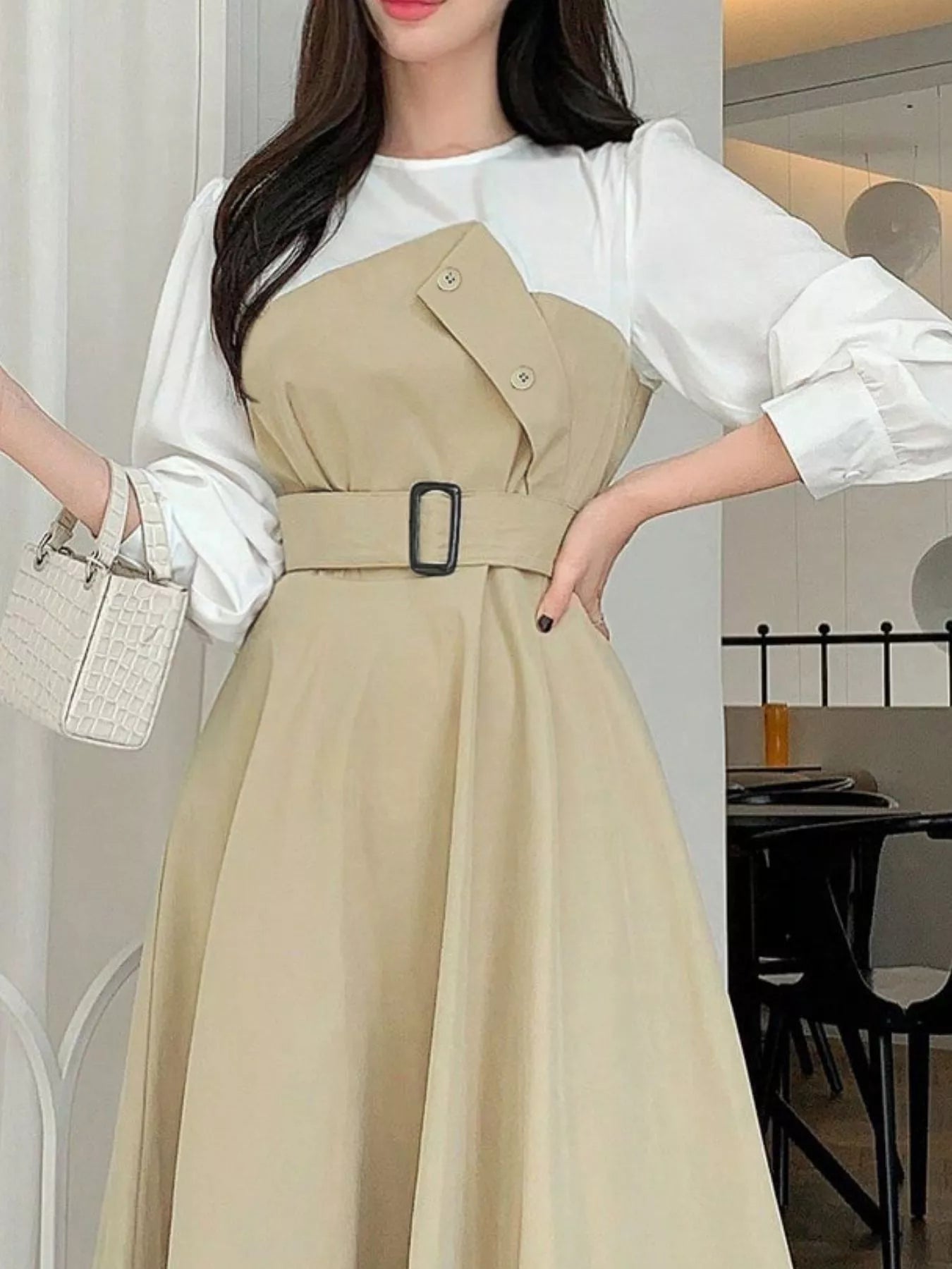 Contrast Long Sleeve Midi Dress with Belted - MAD RUFFI