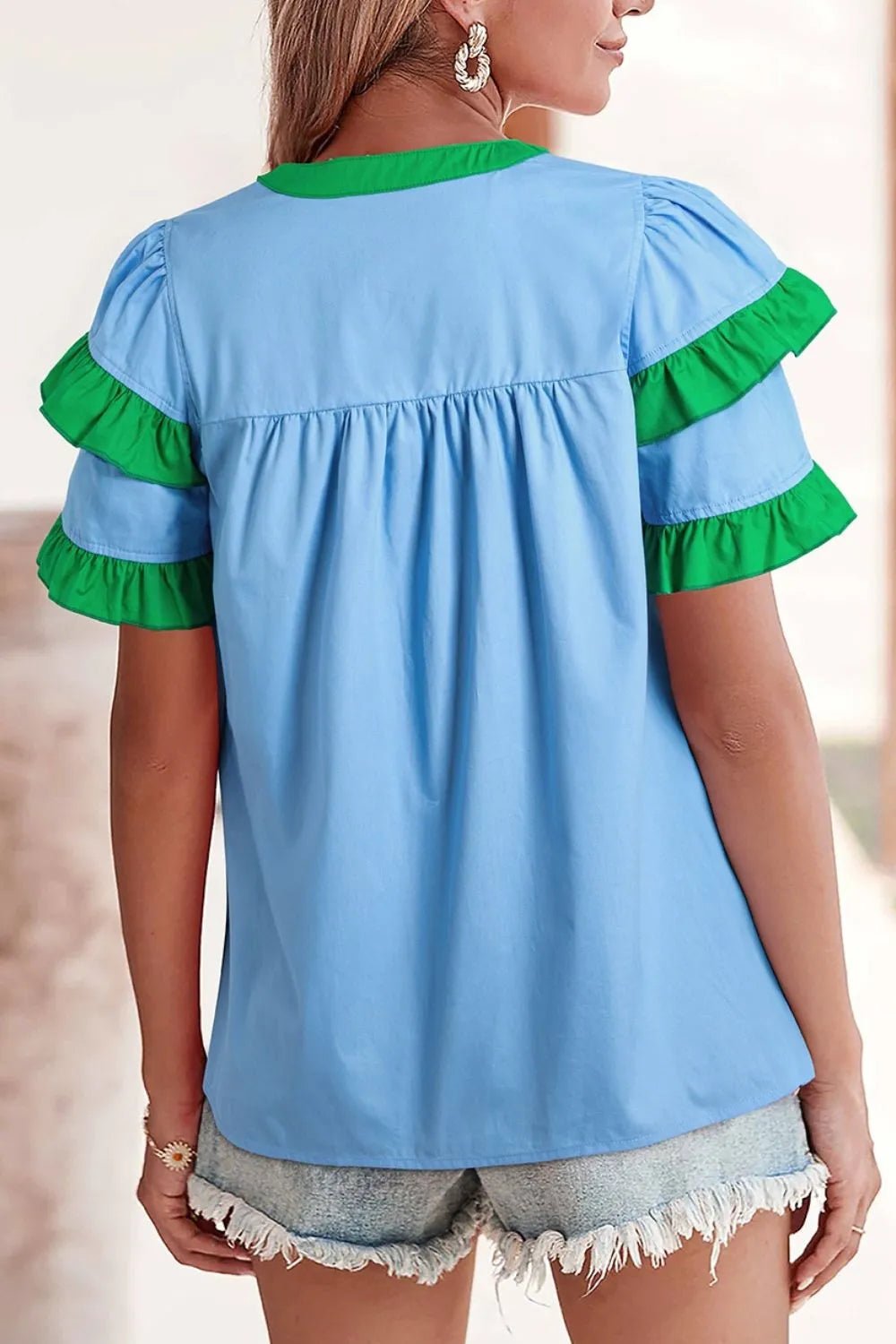 Contrast Notched Neck Frilly Detail Short Sleeve Blouse - MAD RUFFI