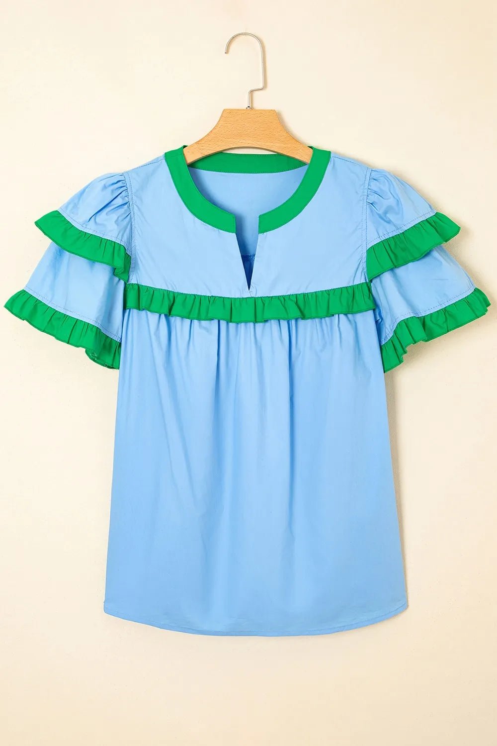 Contrast Notched Neck Frilly Detail Short Sleeve Blouse - MAD RUFFI