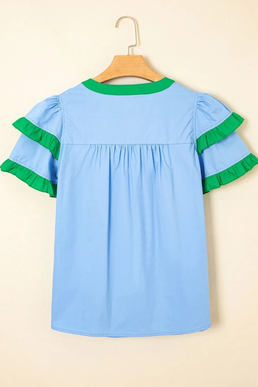 Contrast Notched Neck Frilly Detail Short Sleeve Blouse - MAD RUFFI