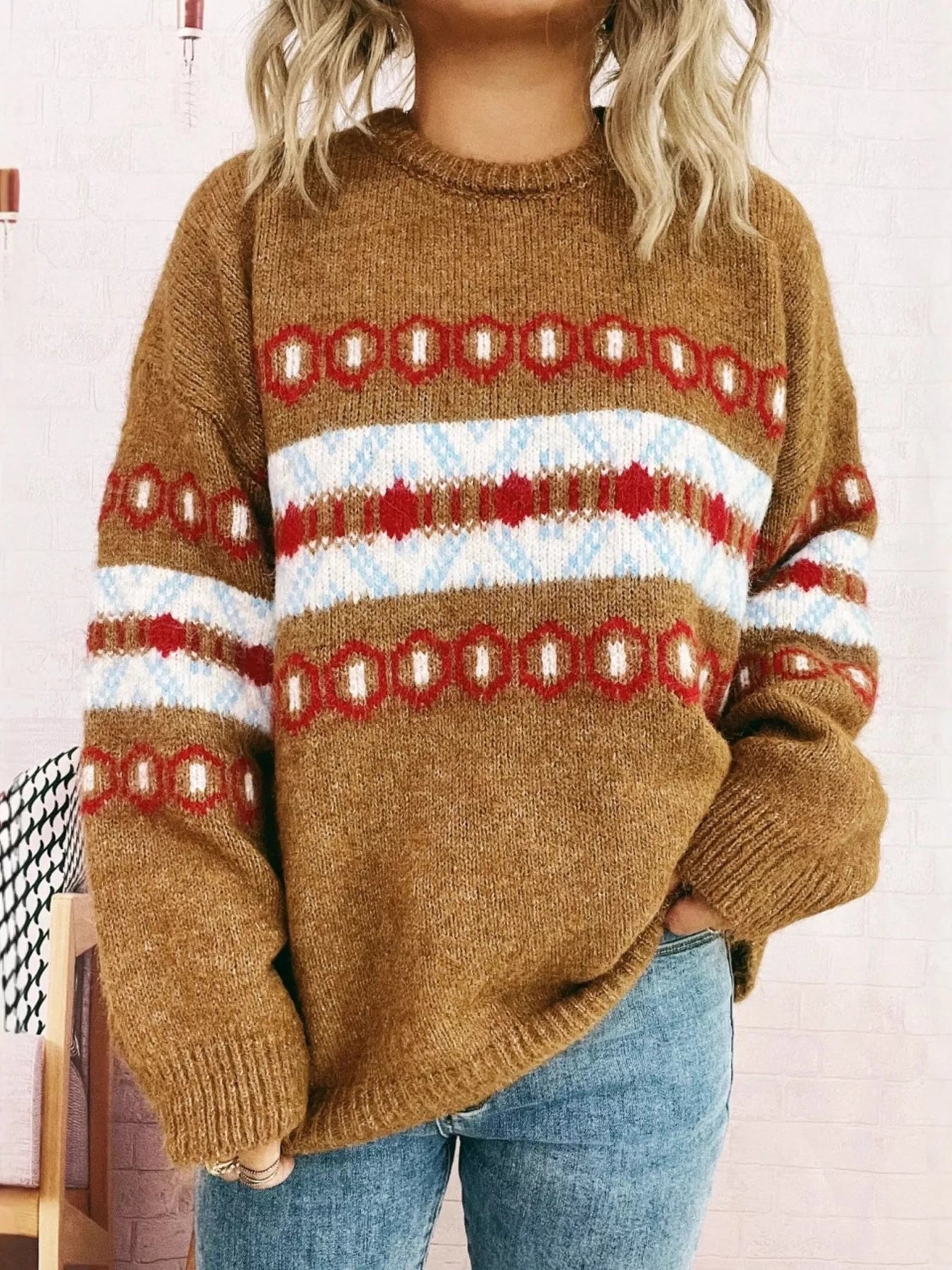 Contrast Round Neck Drop Shoulder Sweater - MAD RUFFI