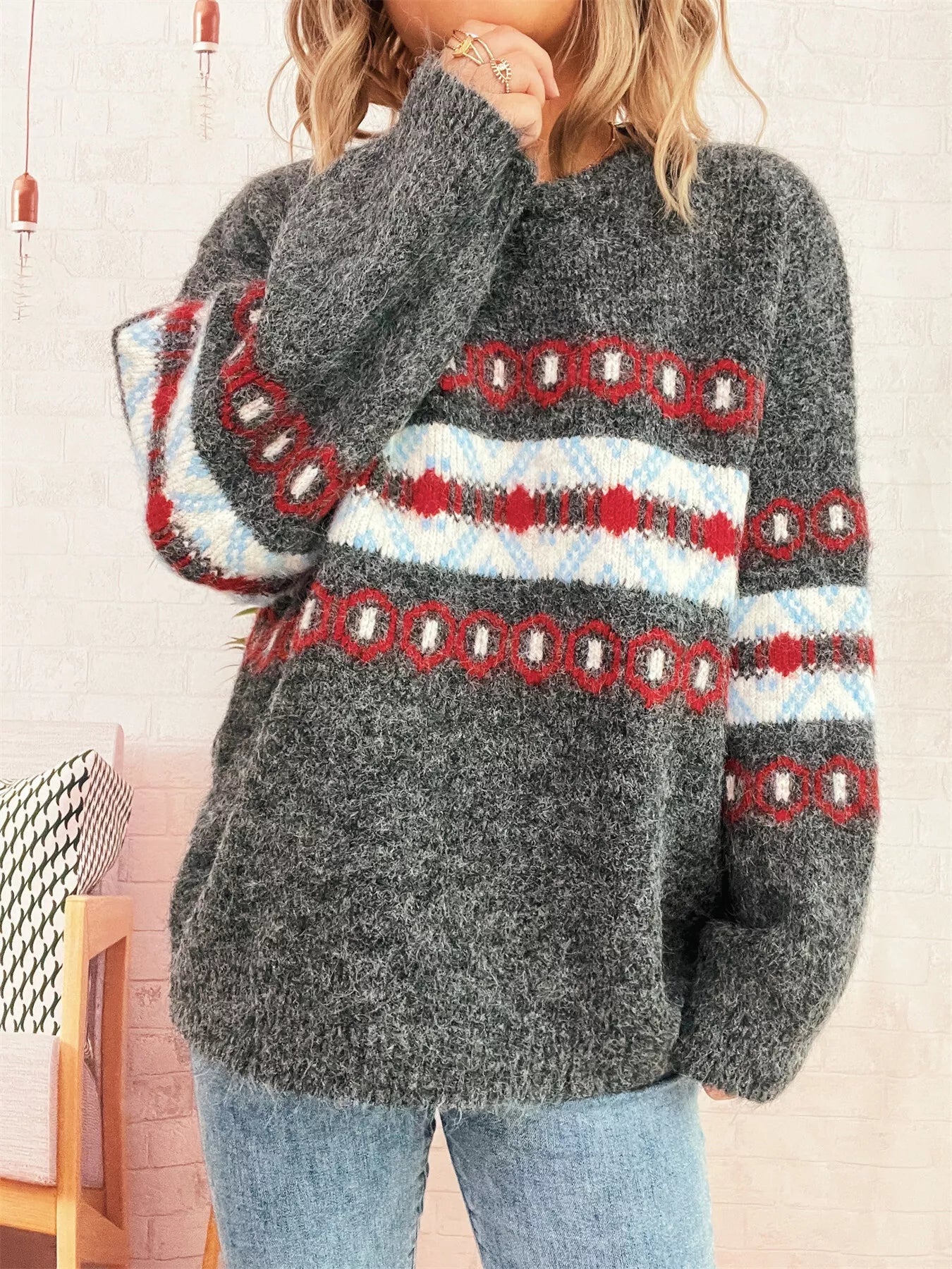 Contrast Round Neck Drop Shoulder Sweater - MAD RUFFI