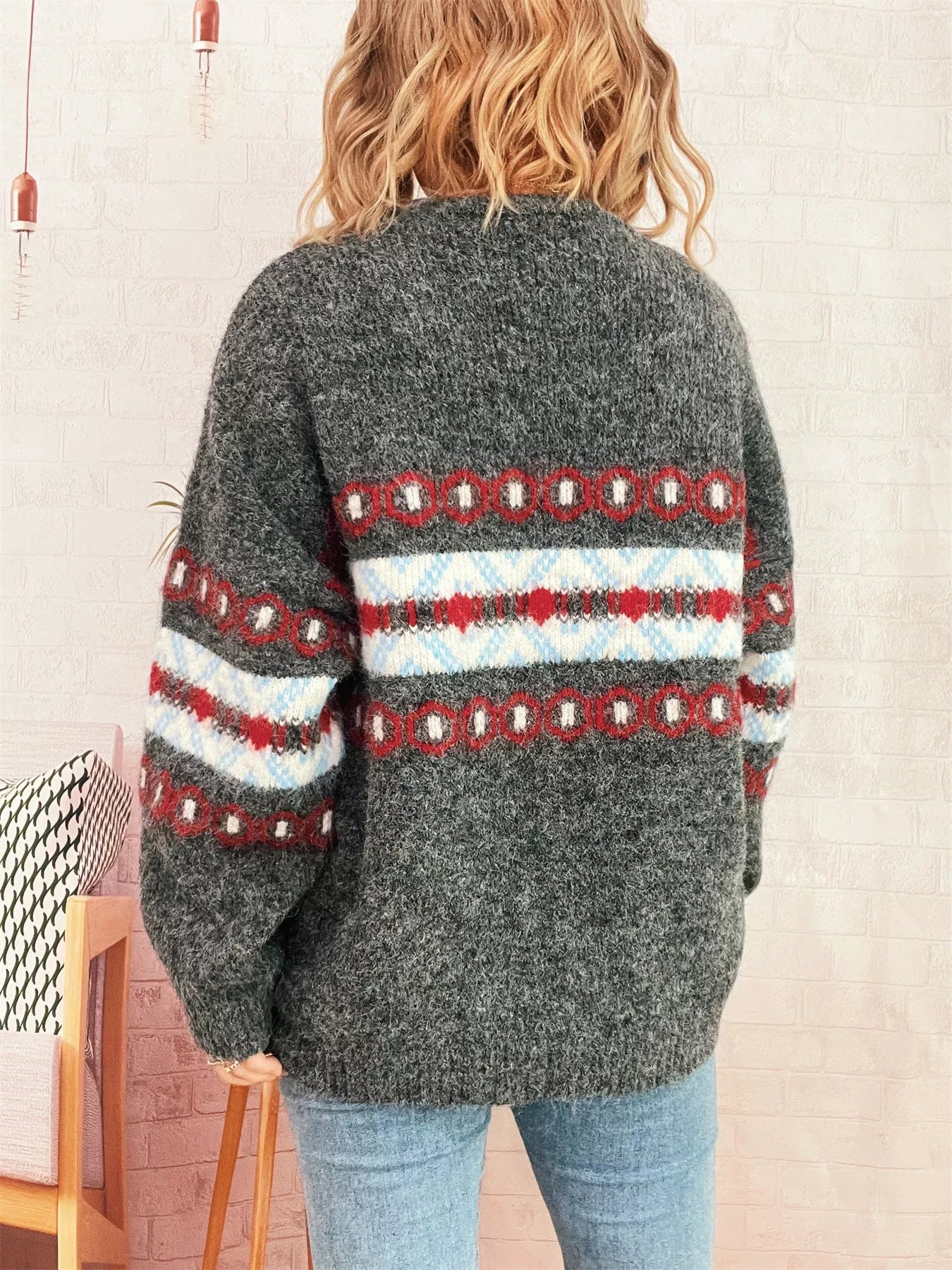 Contrast Round Neck Drop Shoulder Sweater - MAD RUFFI