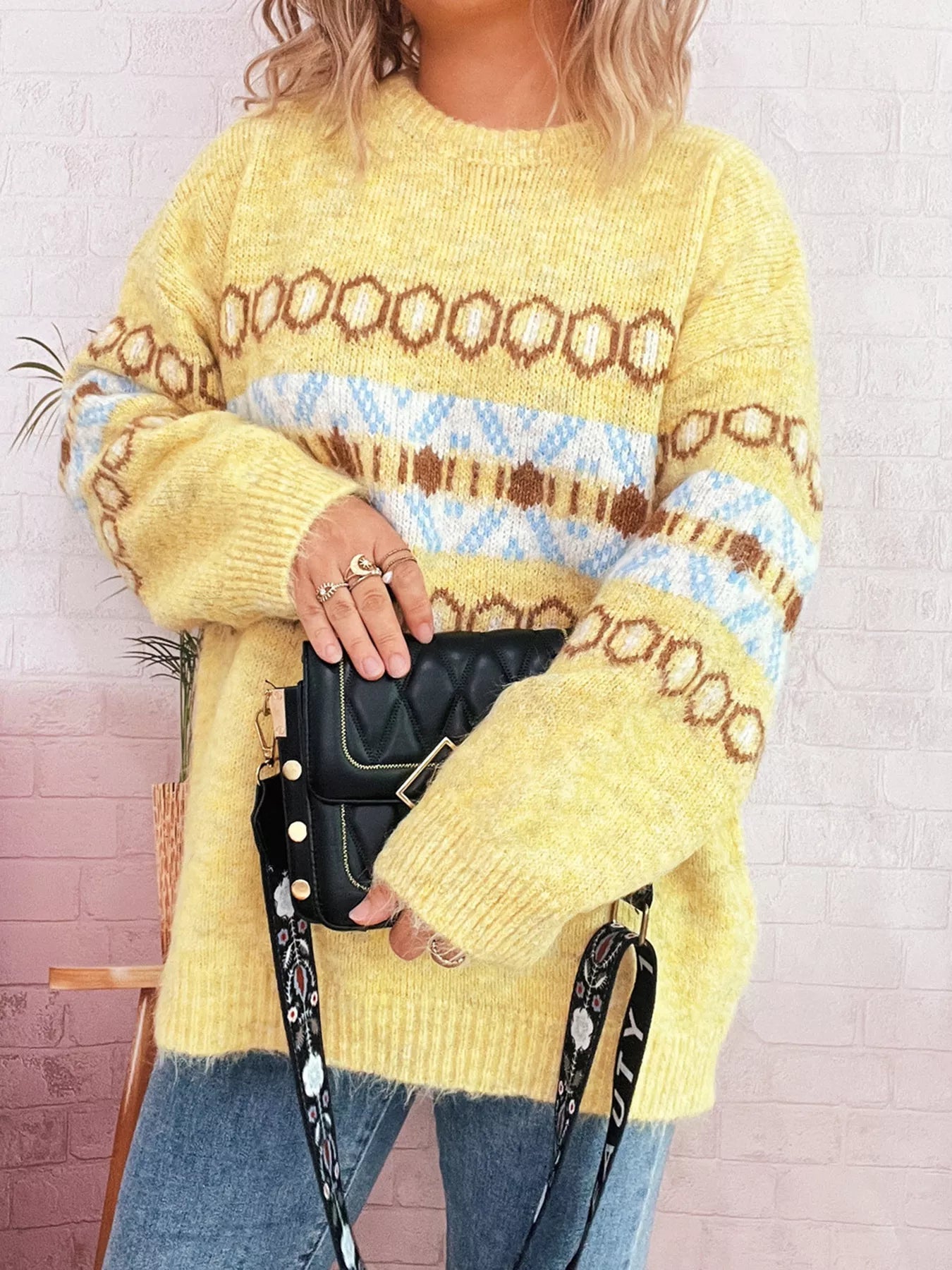 Contrast Round Neck Drop Shoulder Sweater - MAD RUFFI