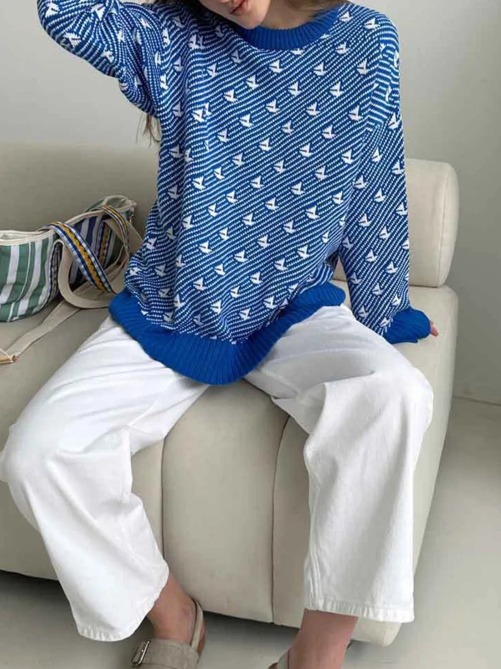 Contrast Round Neck Long Sleeve Sweater - MAD RUFFI