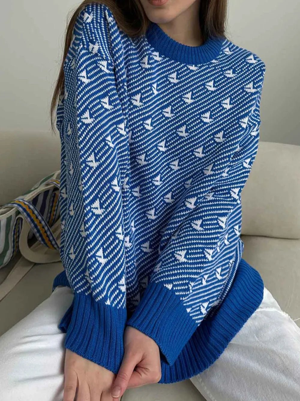 Contrast Round Neck Long Sleeve Sweater - MAD RUFFI