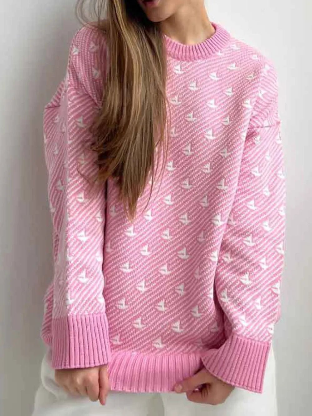 Contrast Round Neck Long Sleeve Sweater - MAD RUFFI