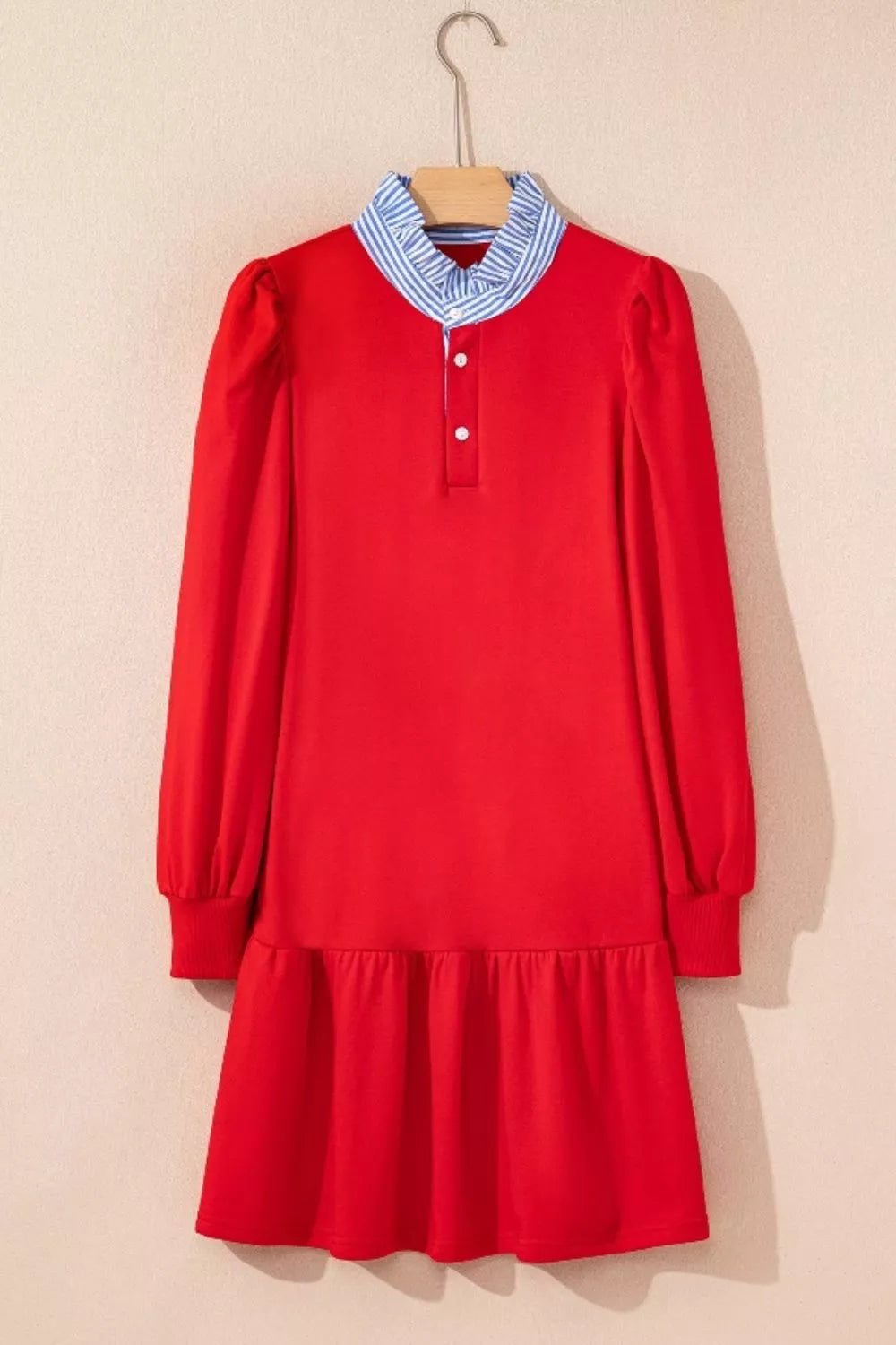 Contrast Striped Collar Patchwork Puff Sleeve Ruffle Hem Mini Dress - MAD RUFFI