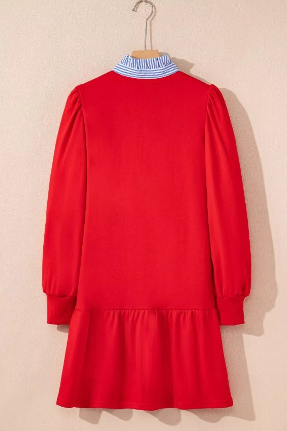 Contrast Striped Collar Patchwork Puff Sleeve Ruffle Hem Mini Dress - MAD RUFFI