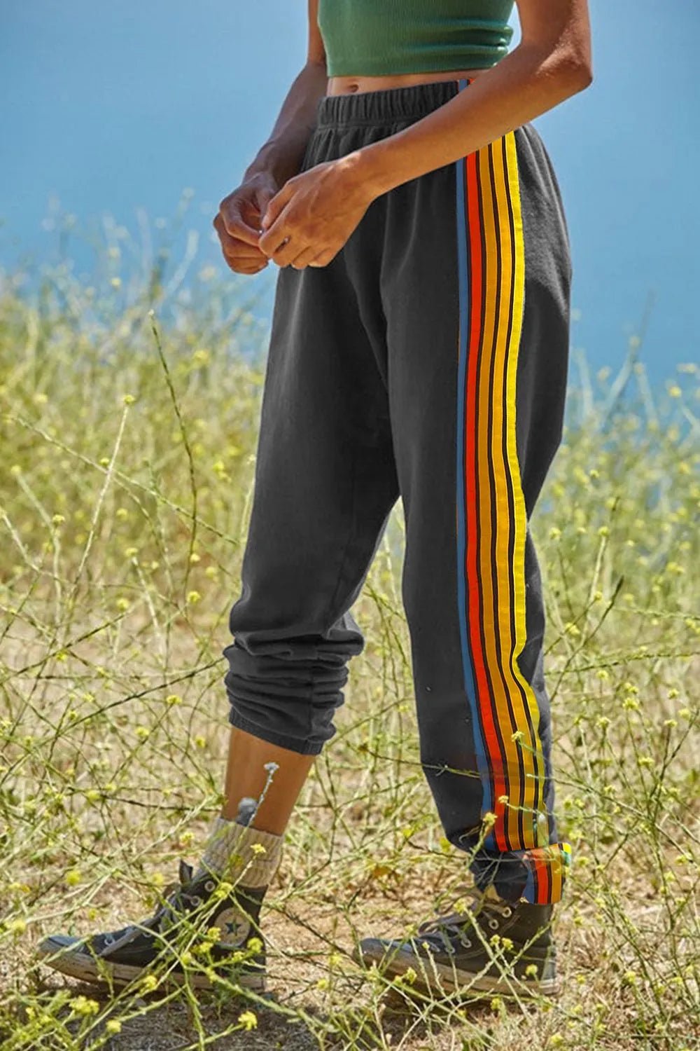 Contrast Striped Elastic Waist Active Pants - MAD RUFFI