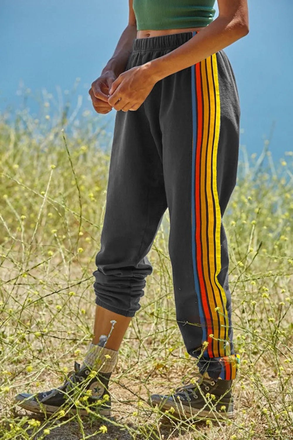 Contrast Striped Elastic Waist Active Pants - MAD RUFFI