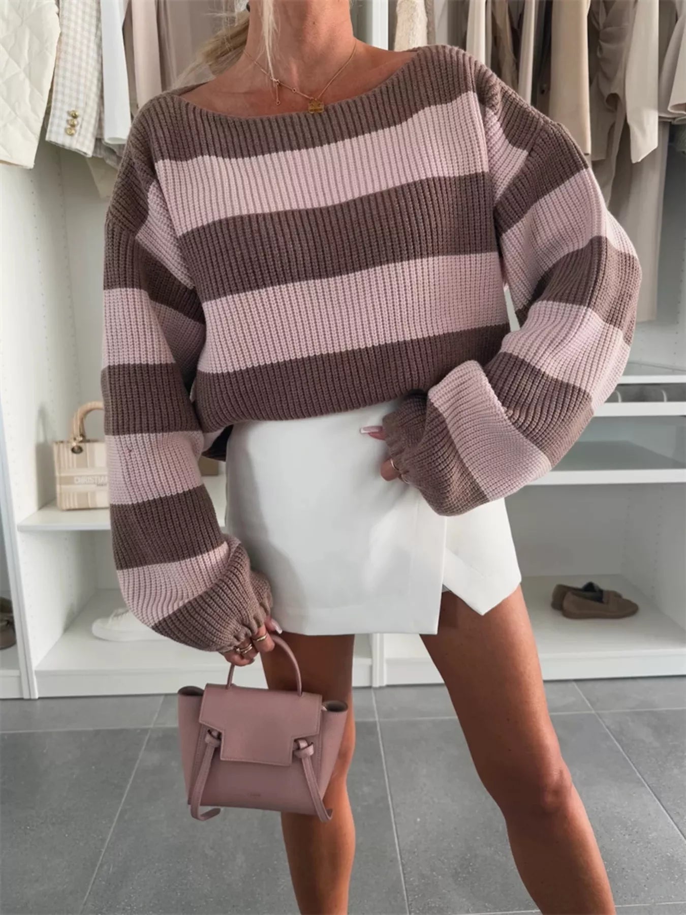 Contrast Striped Long Sleeve Sweater - MAD RUFFI