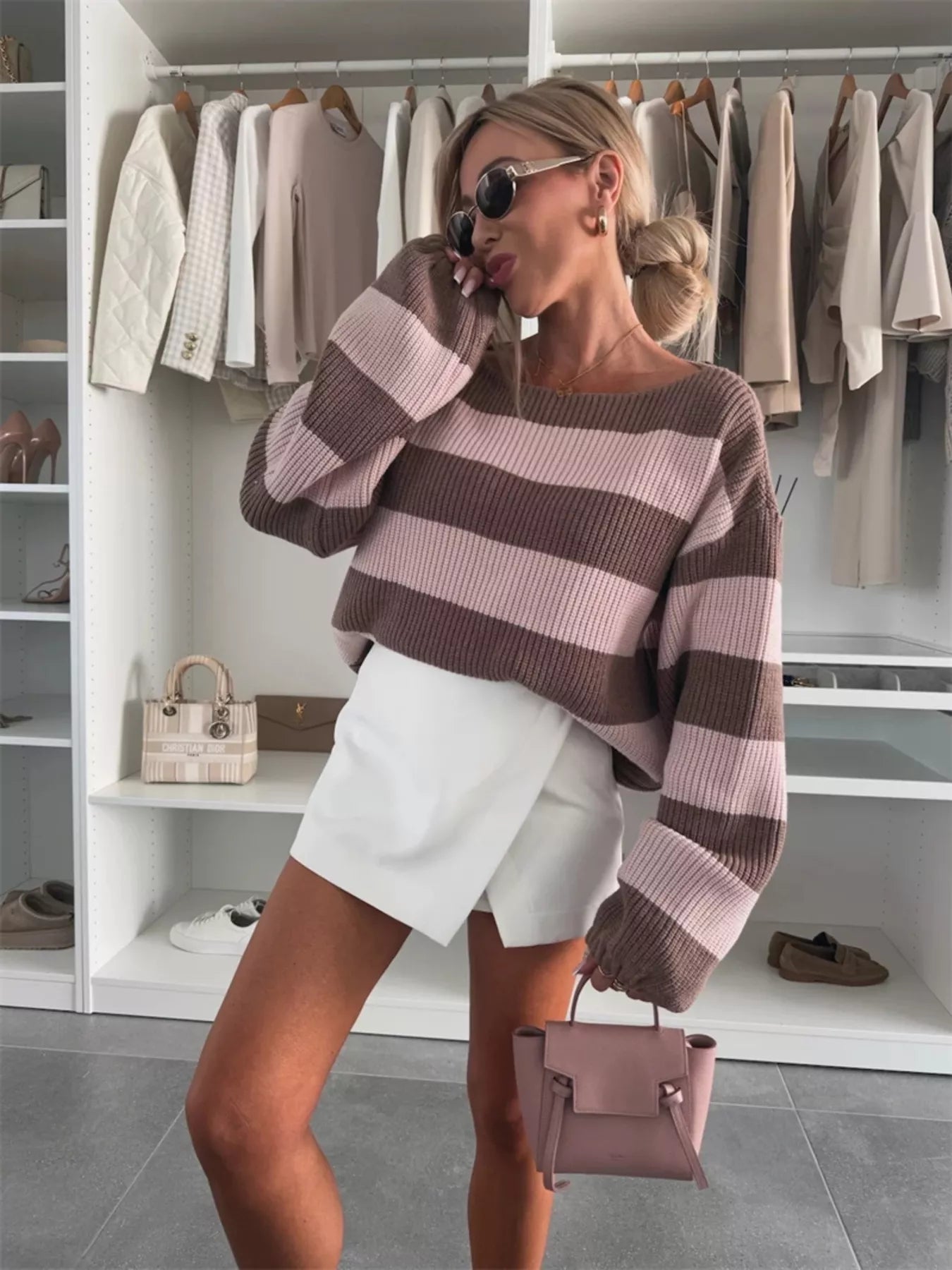Contrast Striped Long Sleeve Sweater - MAD RUFFI