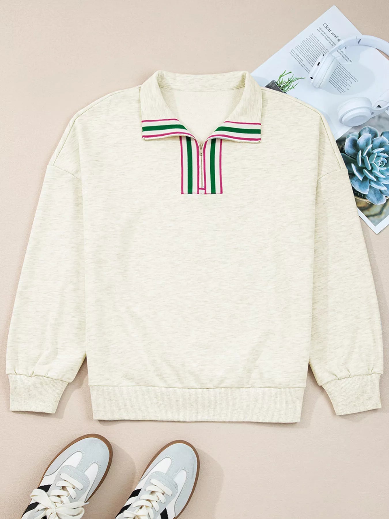 Contrast Striped Patchwork Zip Collar Sweatshirt - MAD RUFFI