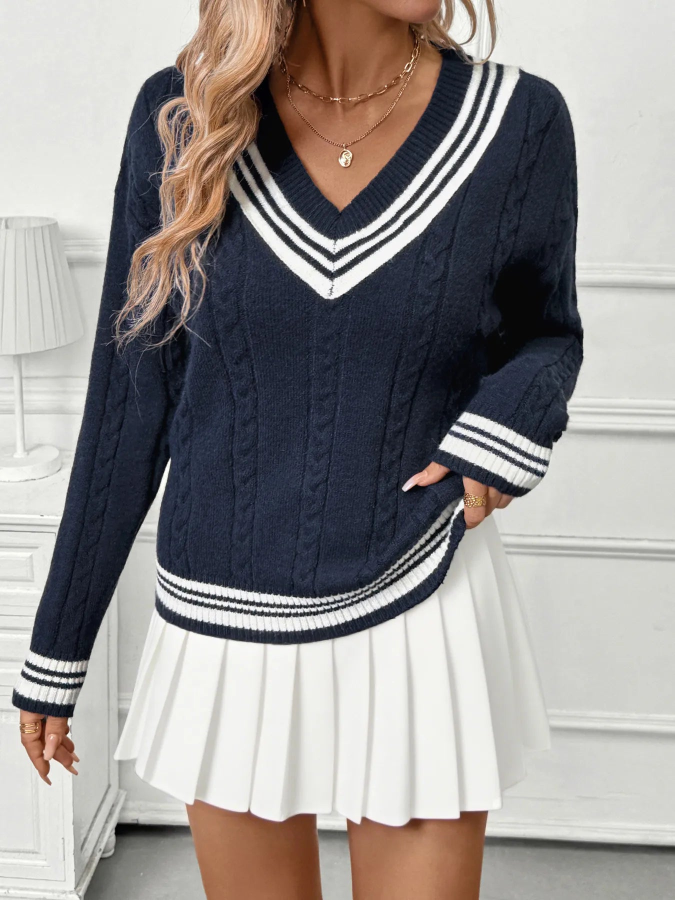 Contrast Striped V - Neck Sweater - MAD RUFFI