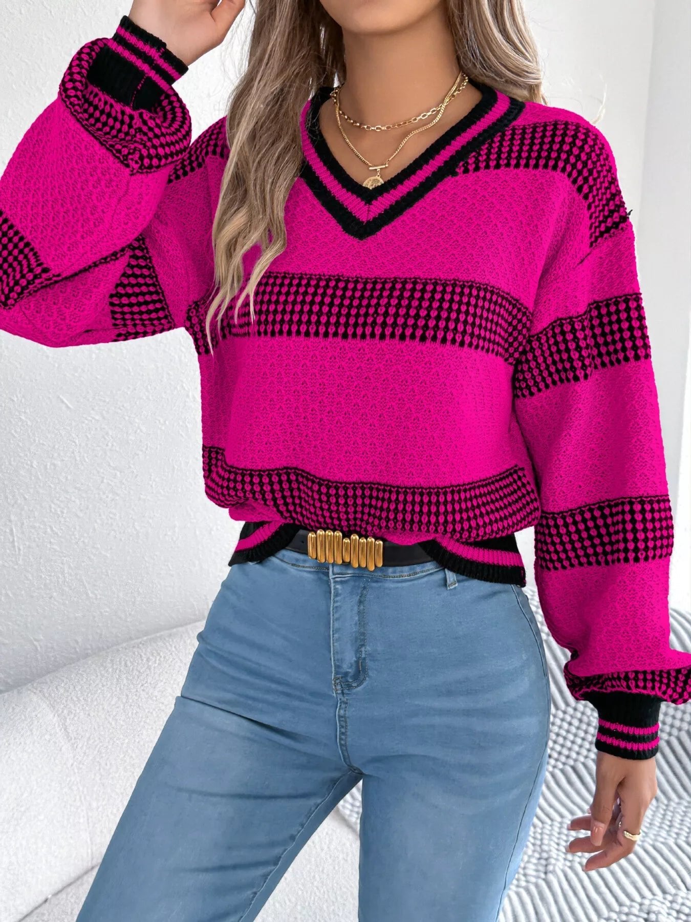 Contrast Striped V - Neck Sweater - MAD RUFFI