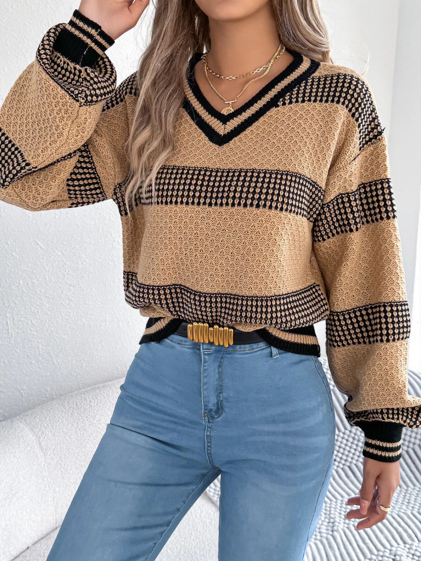 Contrast Striped V - Neck Sweater - MAD RUFFI