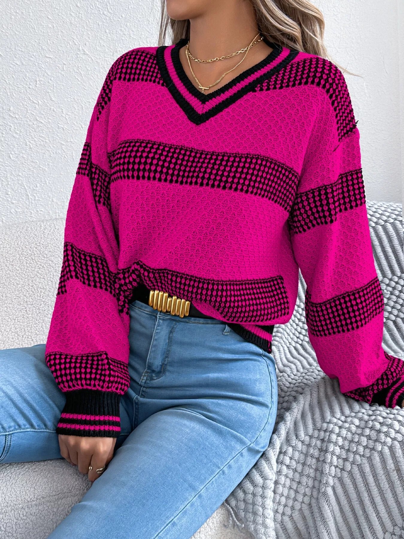 Contrast Striped V - Neck Sweater - MAD RUFFI