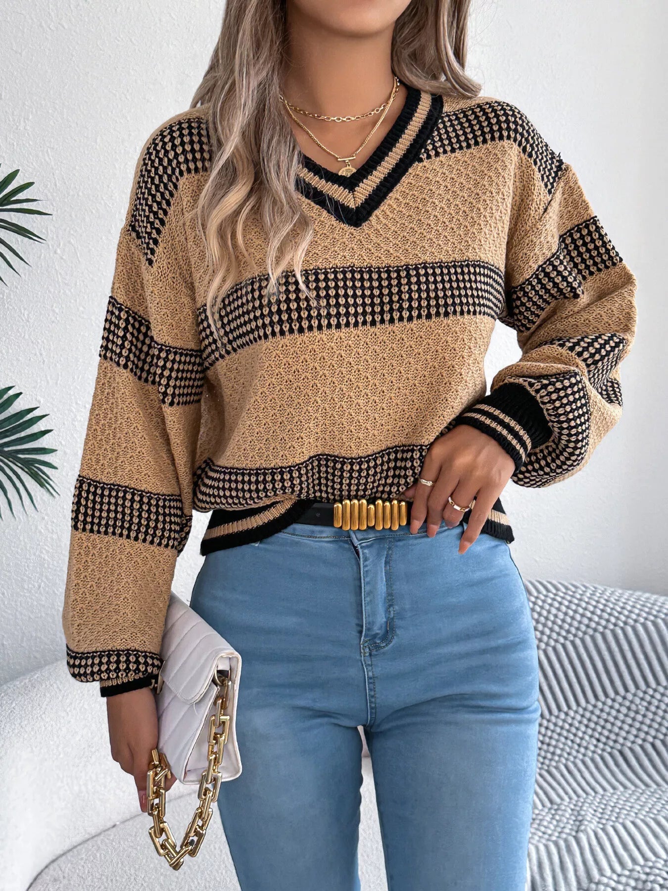 Contrast Striped V - Neck Sweater - MAD RUFFI