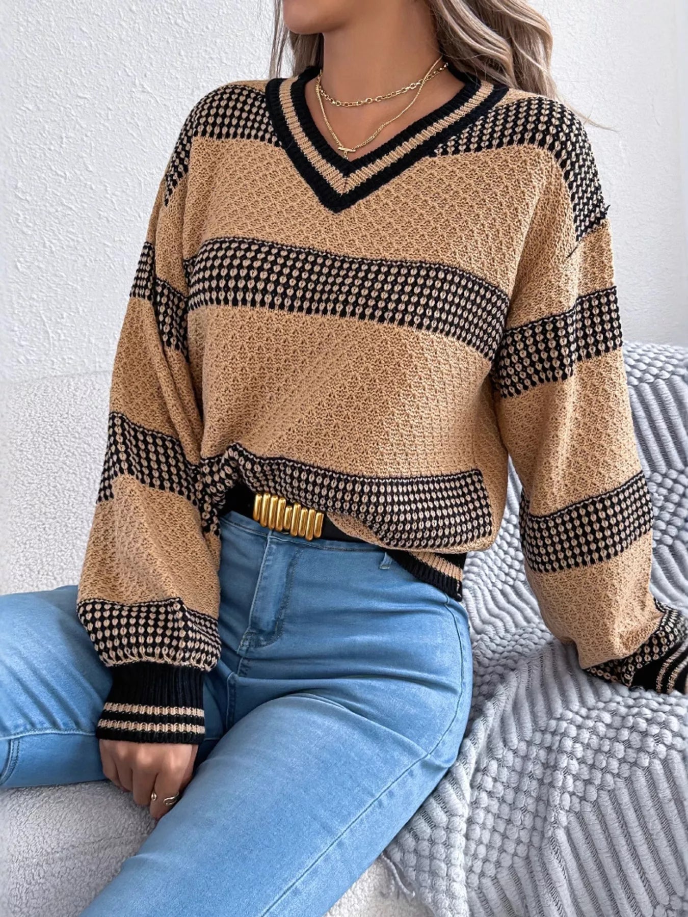 Contrast Striped V - Neck Sweater - MAD RUFFI