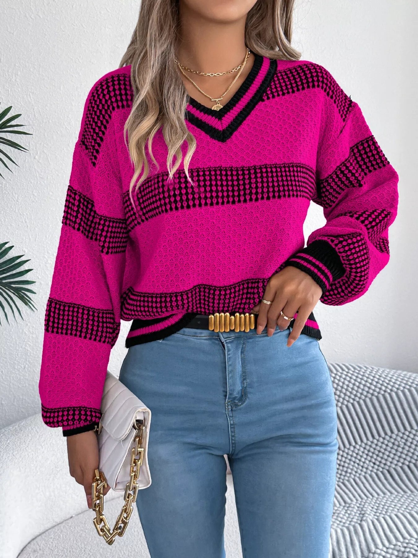 Contrast Striped V - Neck Sweater - MAD RUFFI