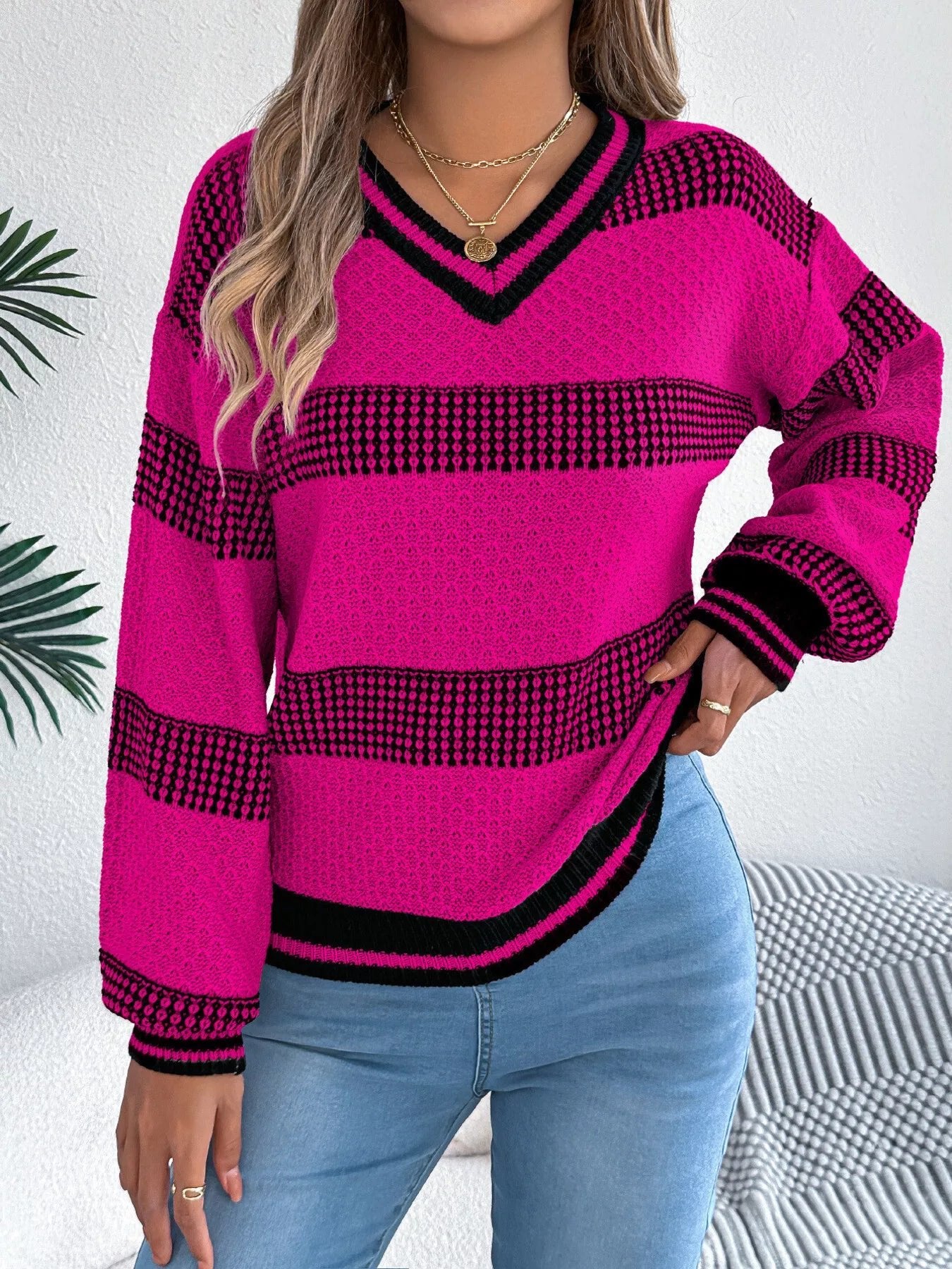 Contrast Striped V - Neck Sweater - MAD RUFFI