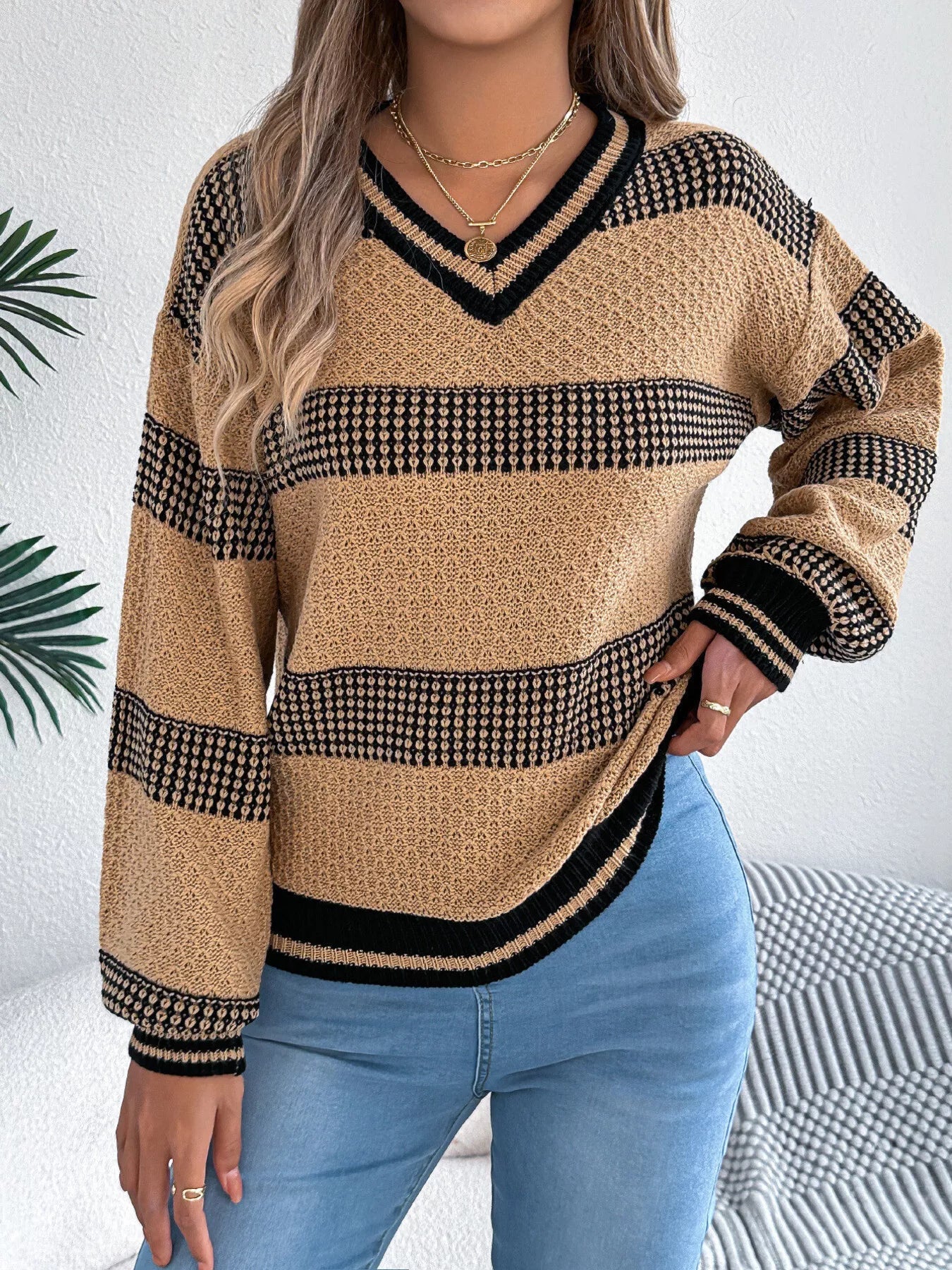 Contrast Striped V - Neck Sweater - MAD RUFFI