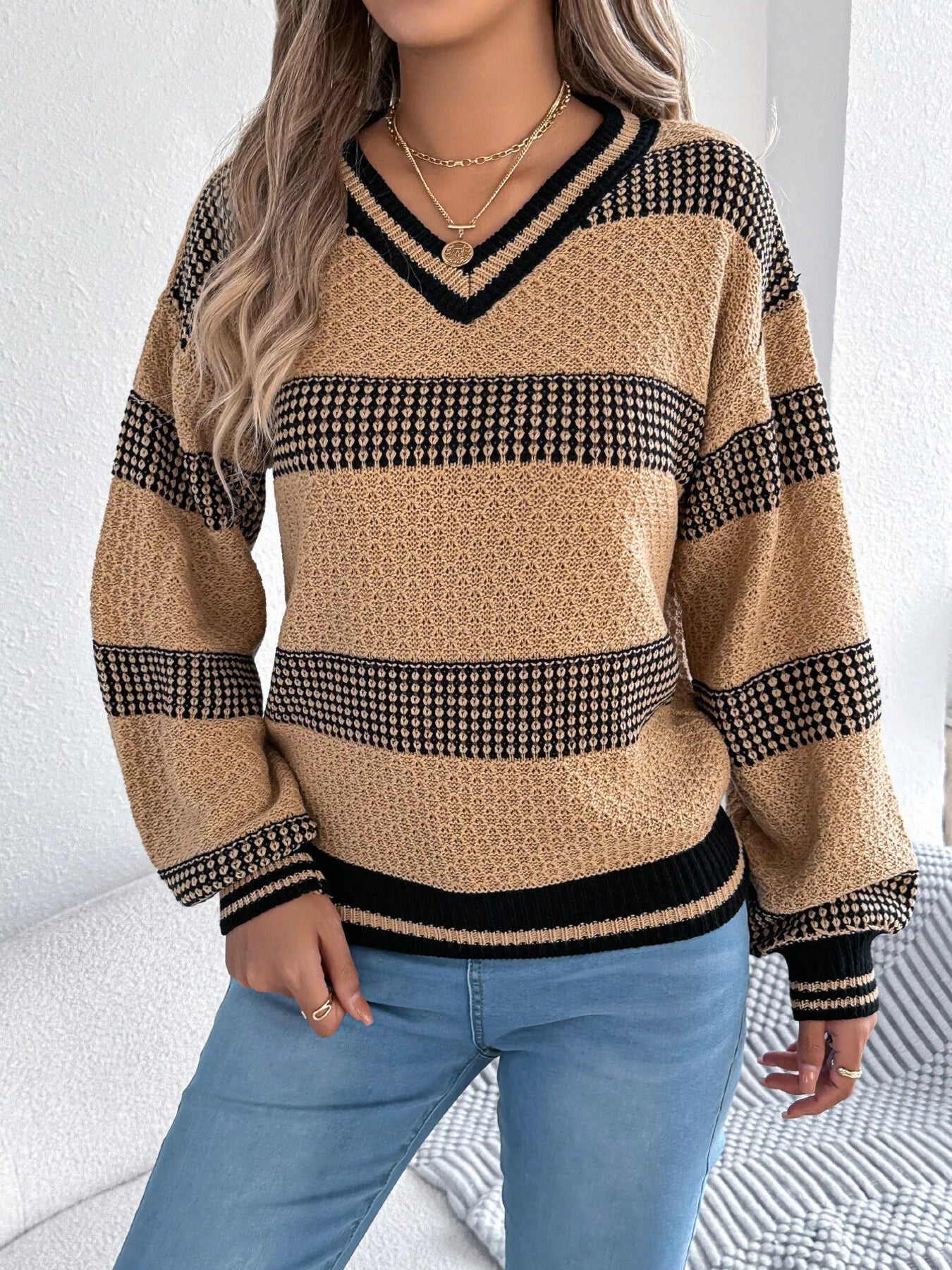 Contrast Striped V - Neck Sweater - MAD RUFFI
