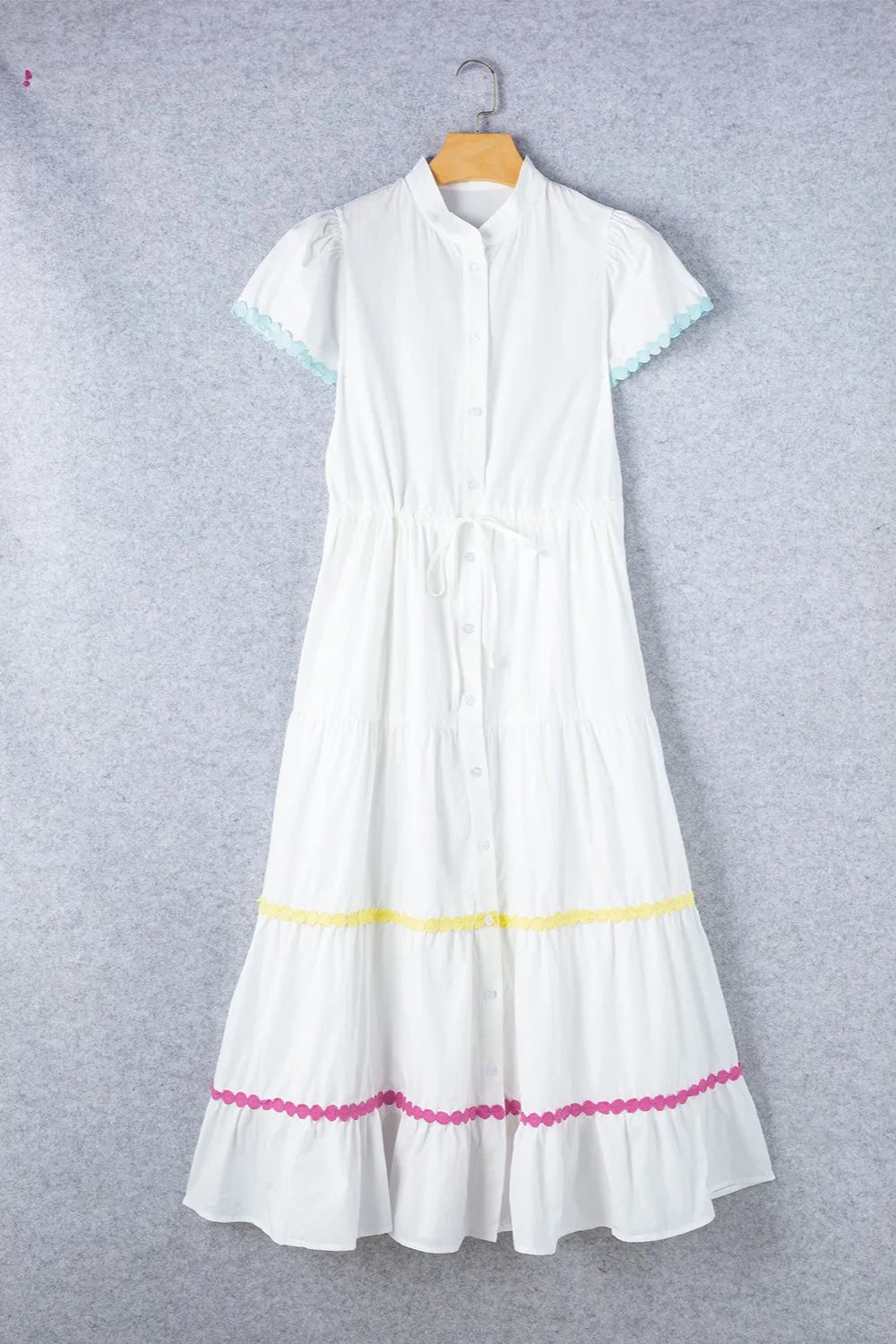 Contrast Trim Button Up Short Sleeve Dress - MAD RUFFI