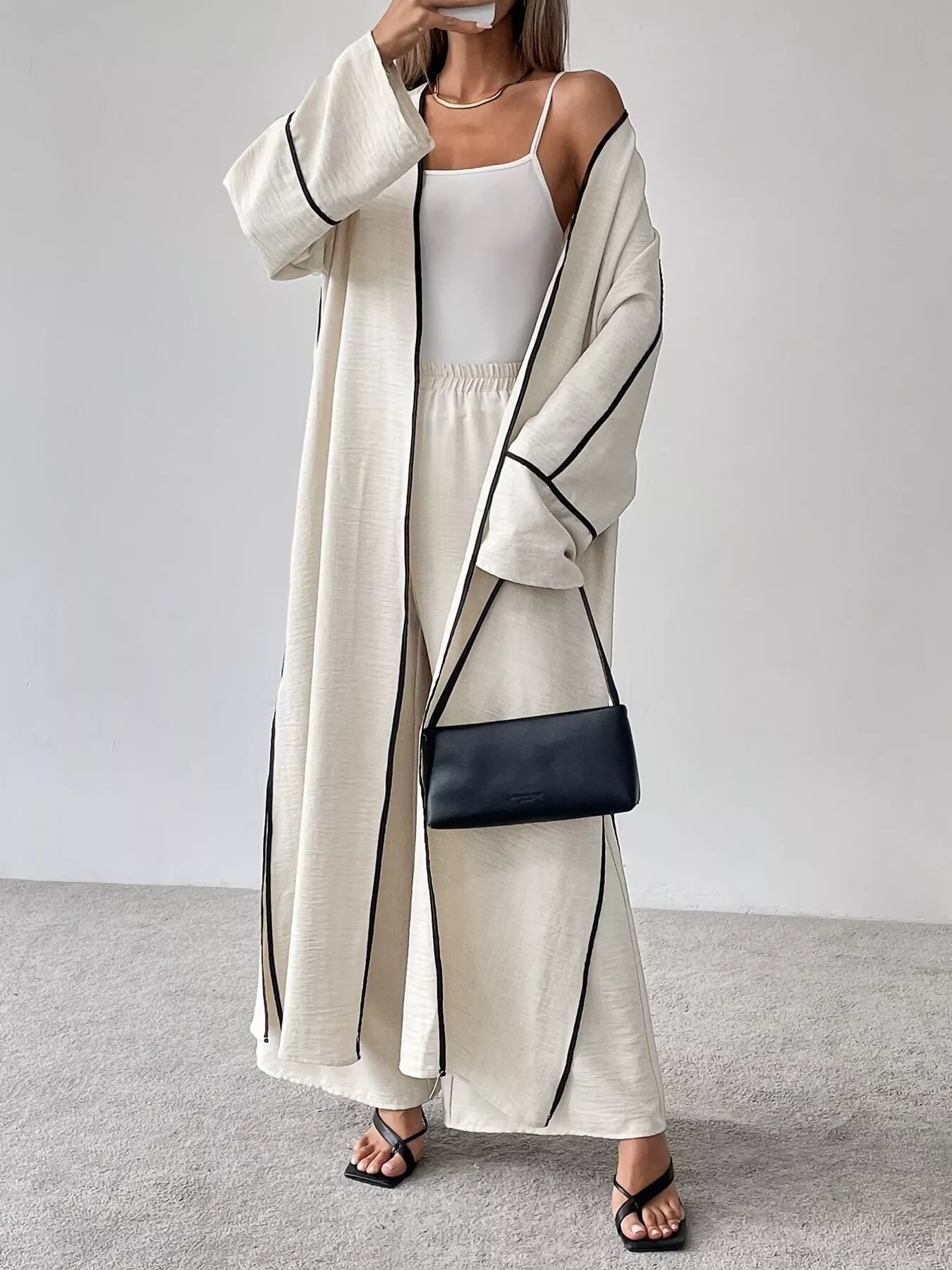 Contrast Trim Cardigan and Pants Set - MAD RUFFI