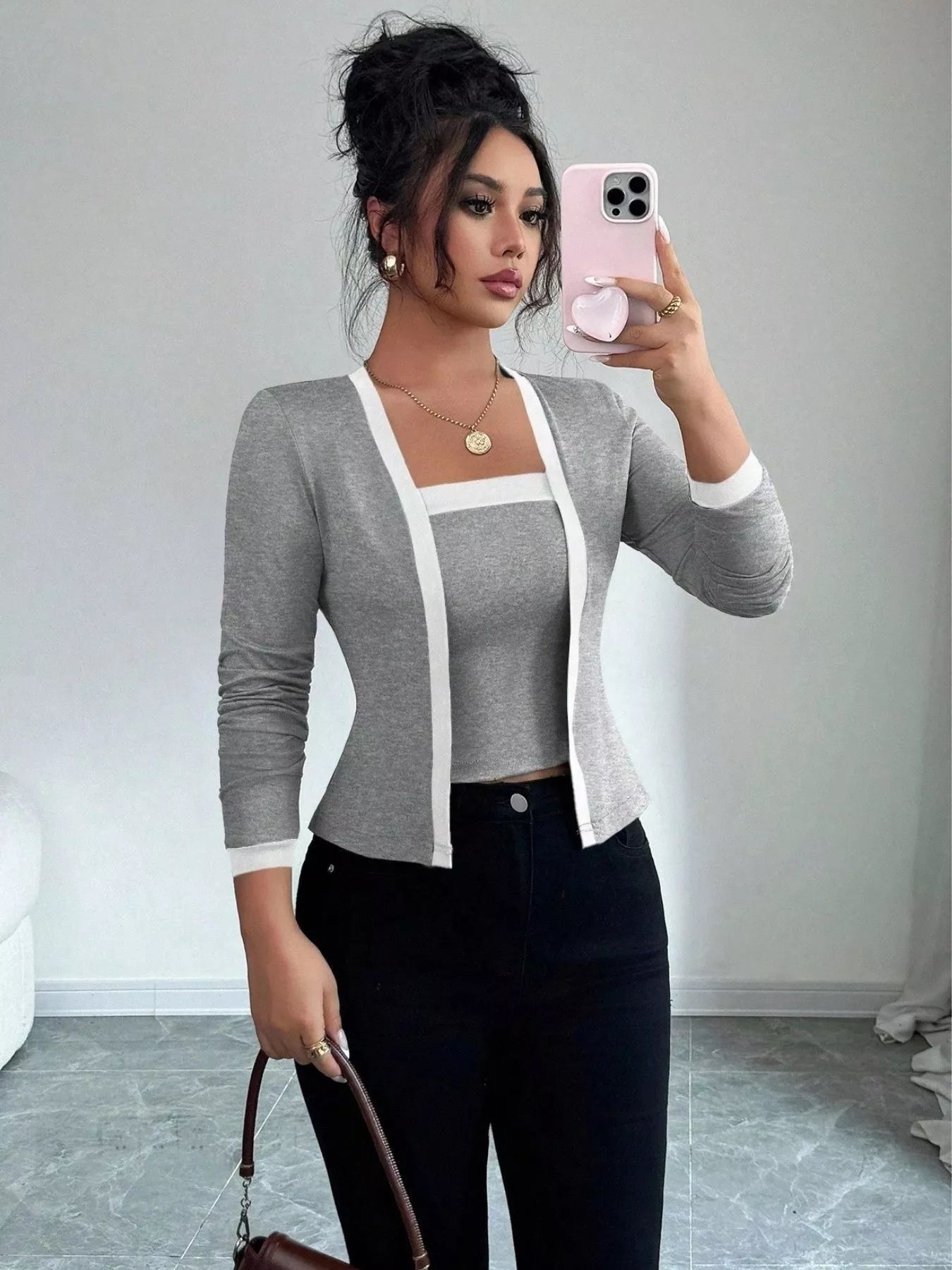 Contrast Trim Cardigan & Tank Top Set - MAD RUFFI