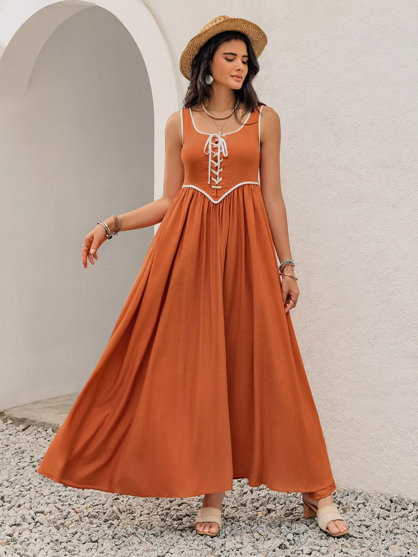 Contrast Trim Lace - Up Maxi Tank Dress - MAD RUFFI