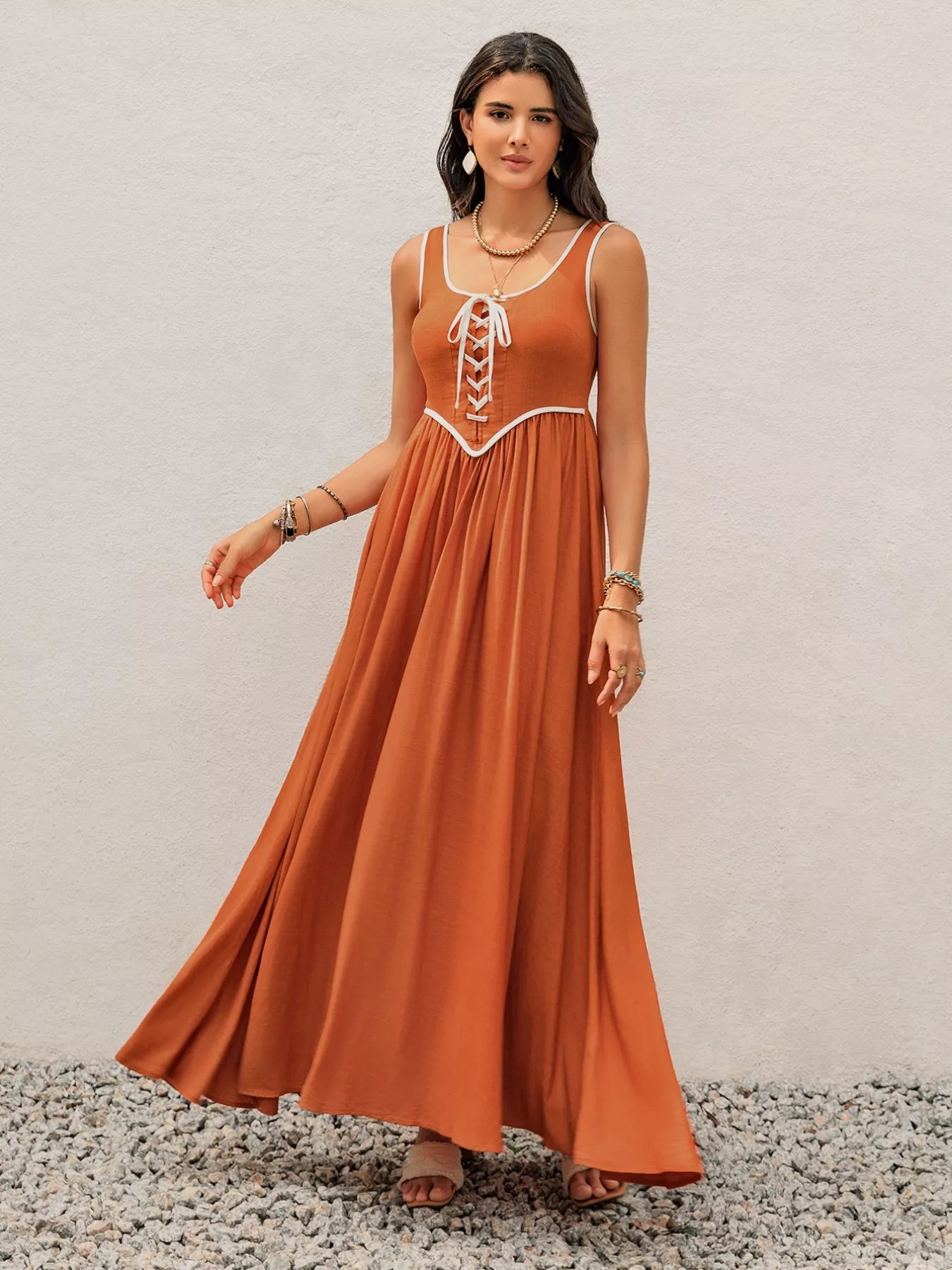 Contrast Trim Lace - Up Maxi Tank Dress - MAD RUFFI