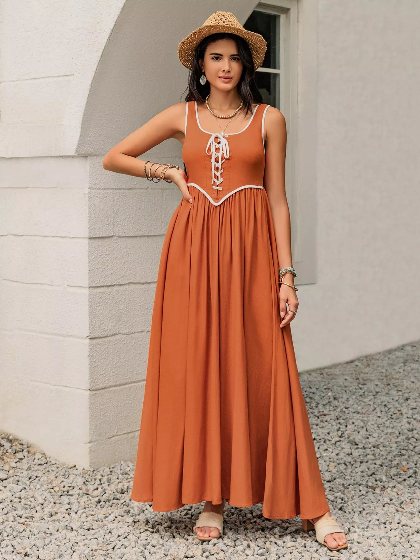 Contrast Trim Lace - Up Maxi Tank Dress - MAD RUFFI