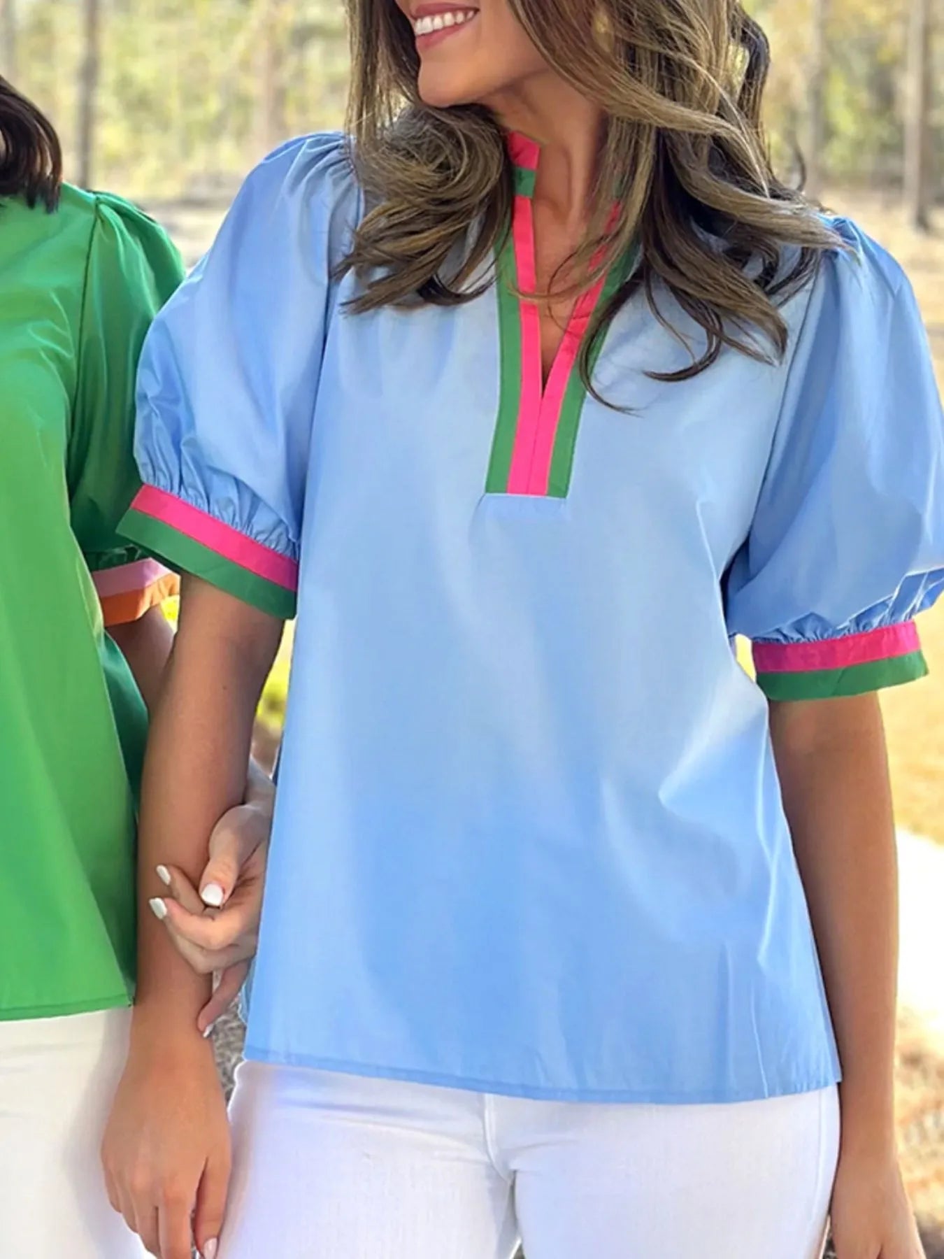 Contrast Trim Notched Short Sleeve Blouse - MAD RUFFI