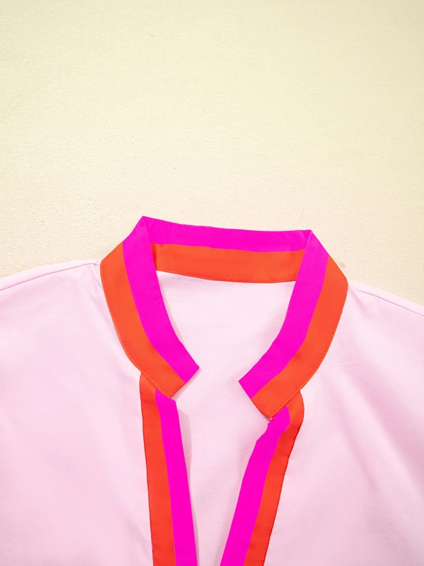 Contrast Trim Notched Short Sleeve Blouse - MAD RUFFI