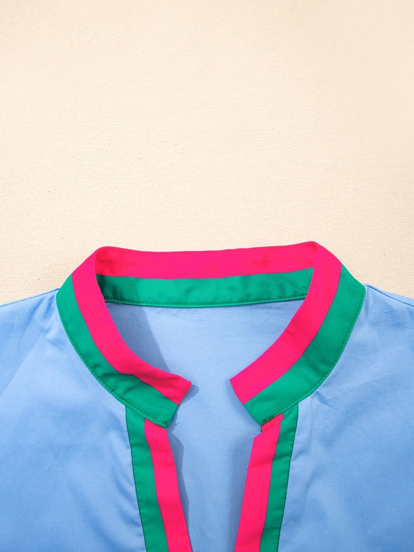 Contrast Trim Notched Short Sleeve Blouse - MAD RUFFI