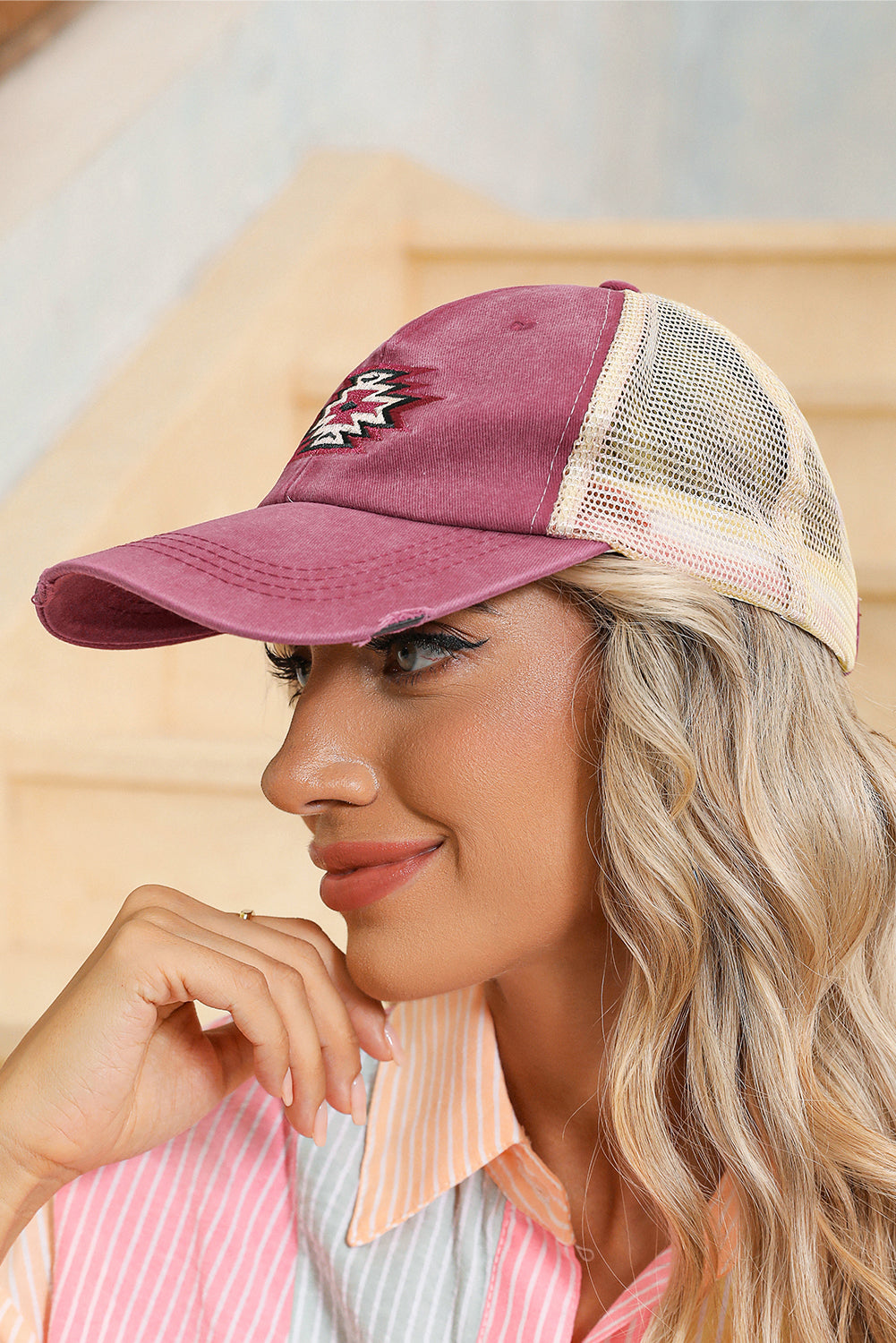 Coral Geometric Pattern Distressed Baseball Cap - MAD RUFFI