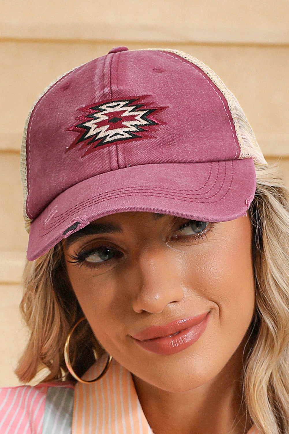 Coral Geometric Pattern Distressed Baseball Cap - MAD RUFFI