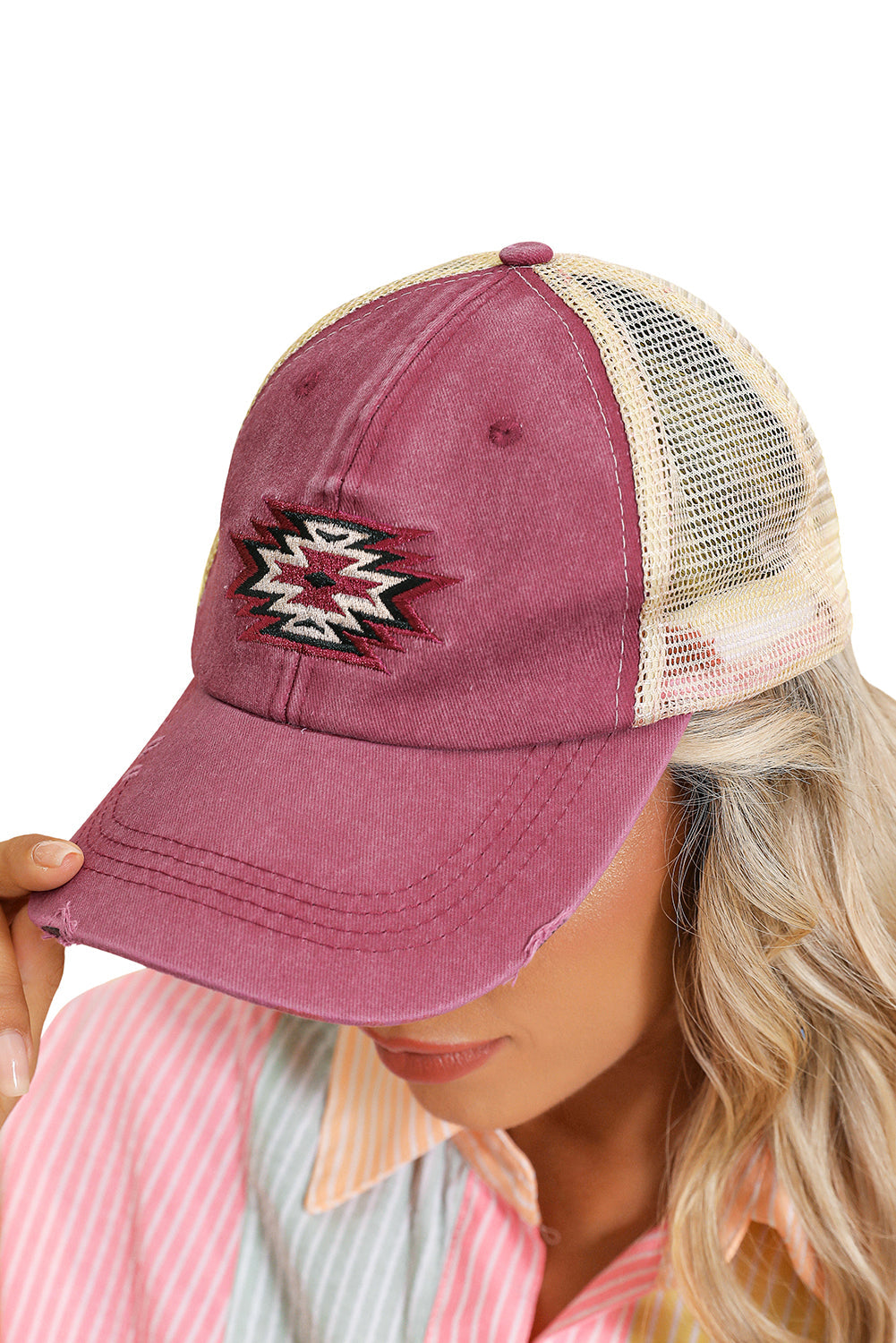 Coral Geometric Pattern Distressed Baseball Cap - MAD RUFFI