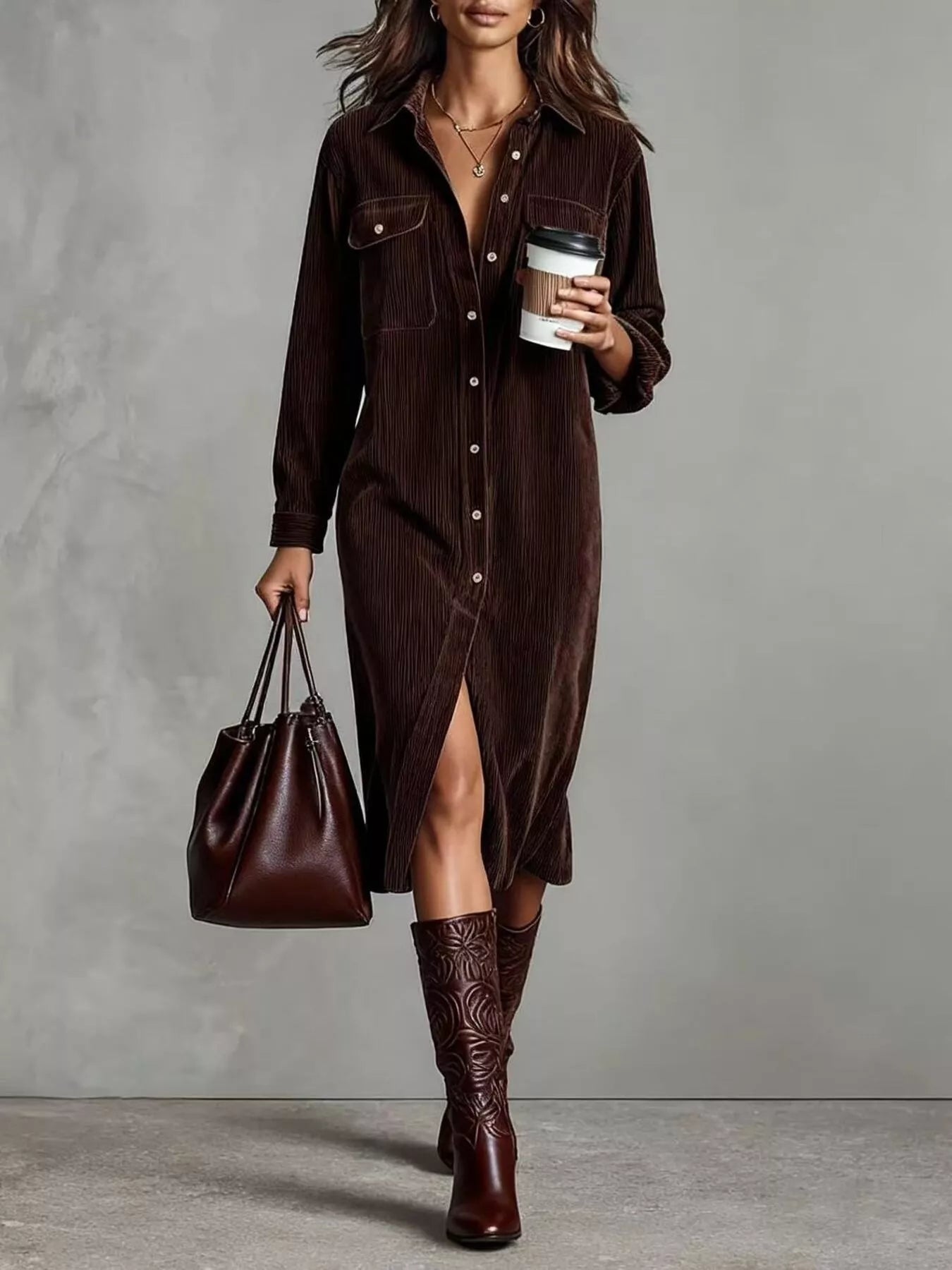 Corduroy Button - Down Midi Dress - MAD RUFFI