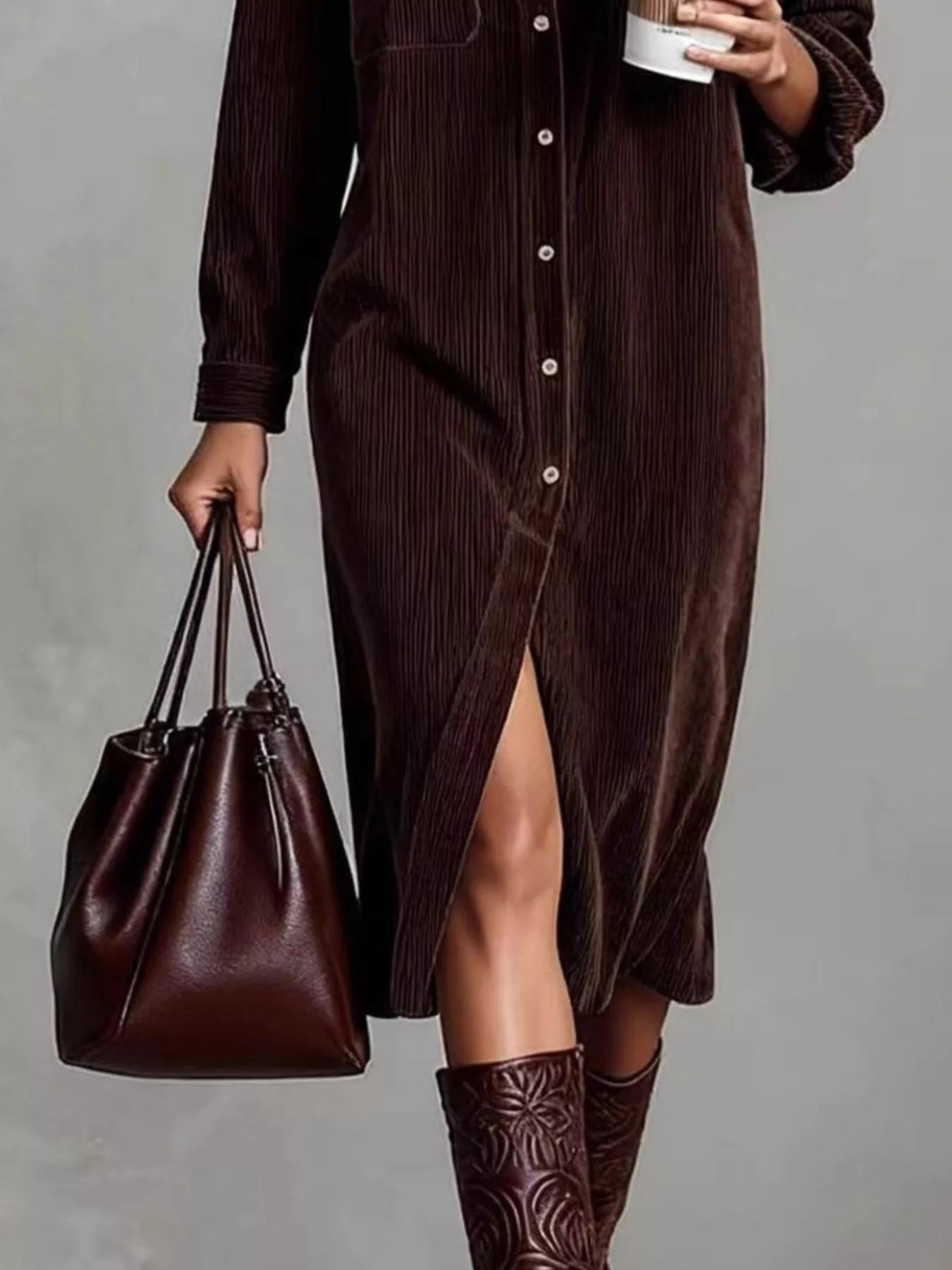Corduroy Button - Down Midi Dress - MAD RUFFI
